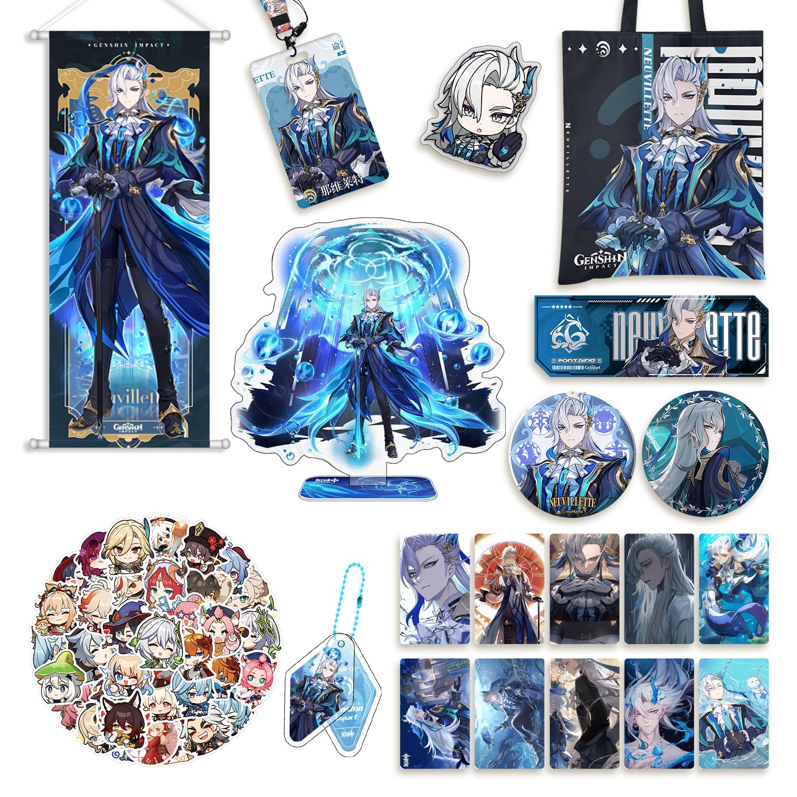 Genshin Impact Neuvillette Merch Set - Canvas Tote Bag, Stand Figure, Keychain, Badge, Pop Socket, Laser tickets, Card Holder, 10 Lomo Cards, 60 Stickers