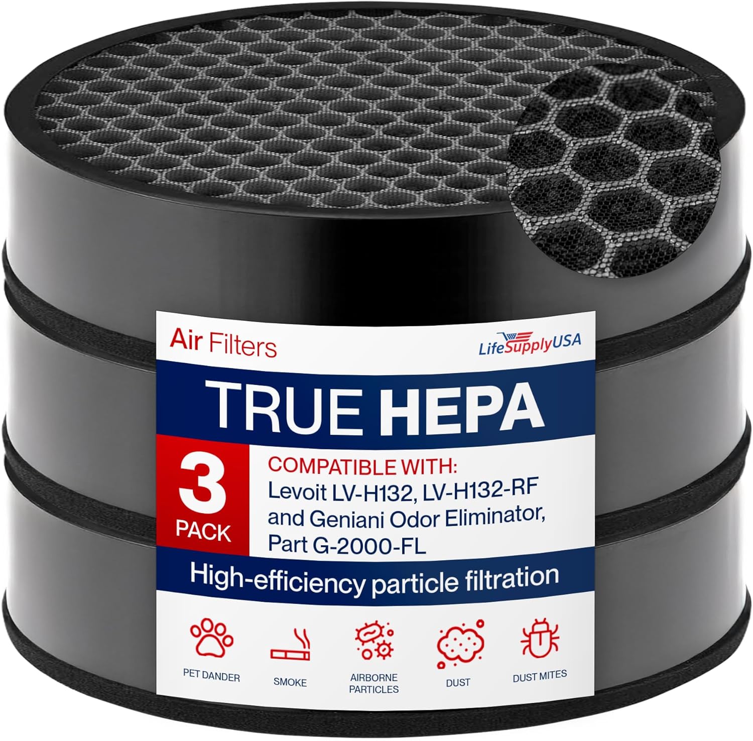 LV-H132-RF True HEPA + Carbon Filter G-2000-FL Compatible with LEVOIT LV-H132 & Geniani G-2000 Air Purifiers by LifeSupplyUSA (3-Pack)