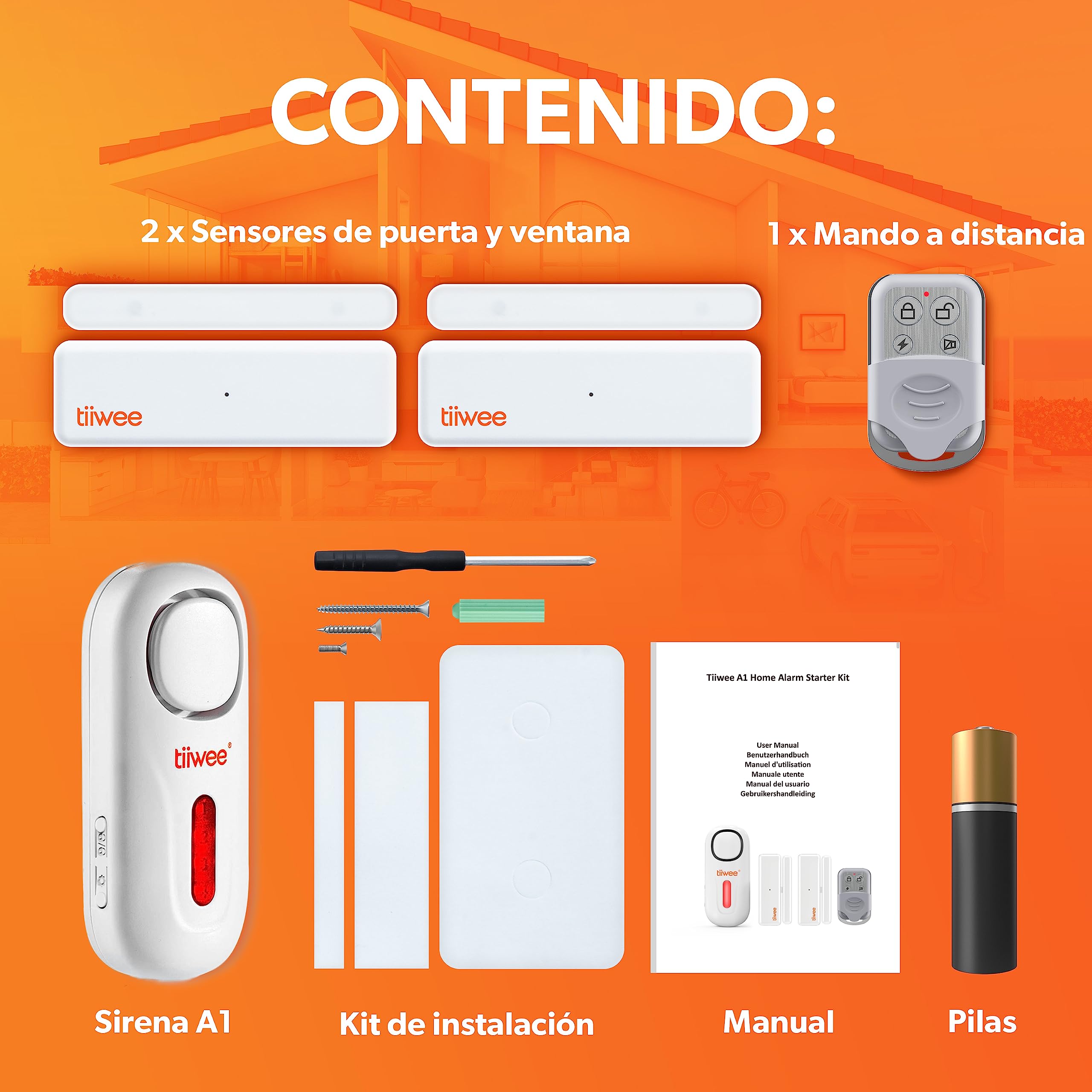 tiiwee A1 Sistema de Alarma para Casa – Sirena 120 dB, 2 Sensores para Puertas/Ventanas, Control Remoto – Inalámbrico, Fácil de Instalar, Funciona con Pilas, Ampliable para Hogar o Garaje