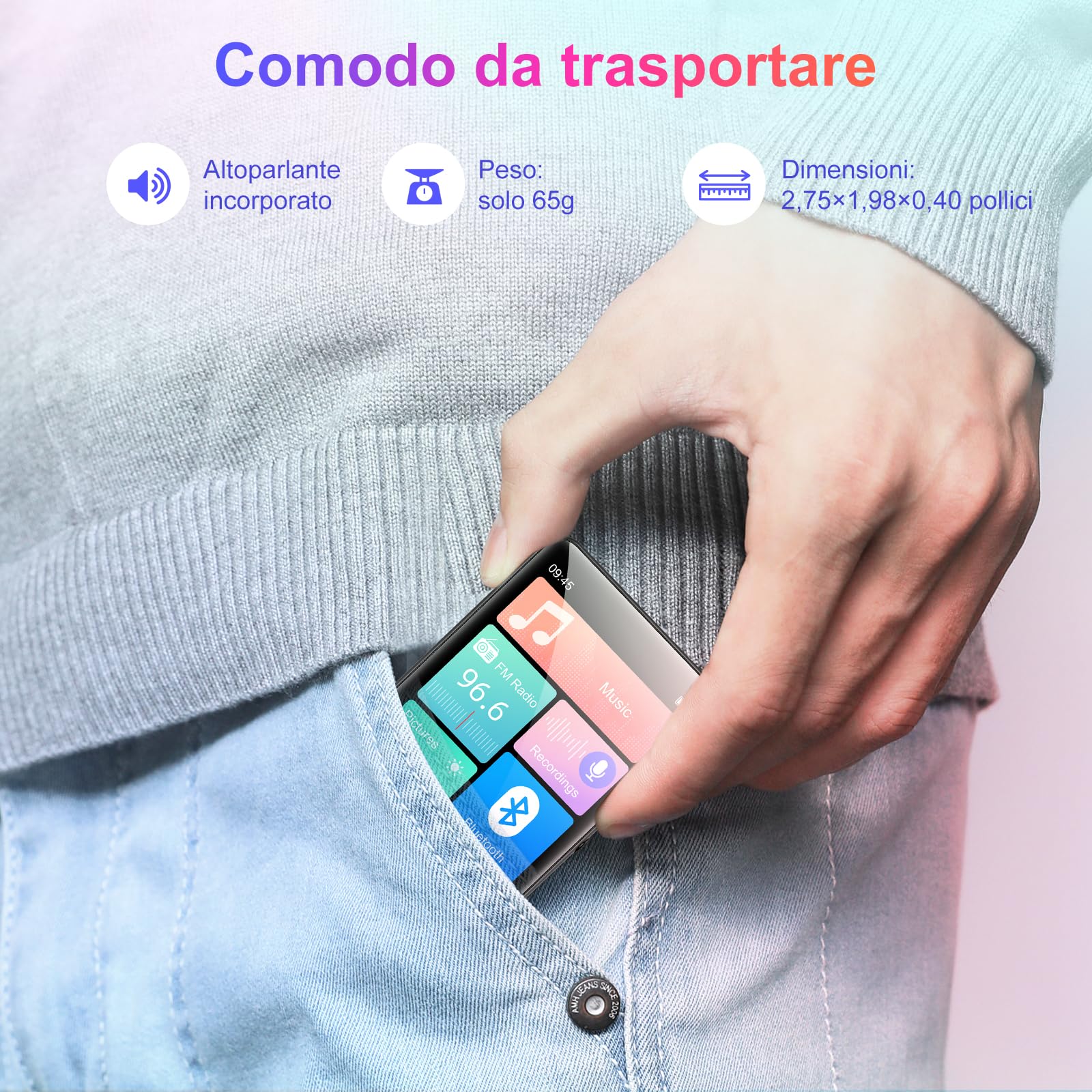 128GB Lettore MP3 Bluetooth 5.4, Oilsky 2,4'' Schermo Touch Mp3, Lettore Musicale MP3 Portatile con Altoparlanti, Radio FM, Ebook (Nero)