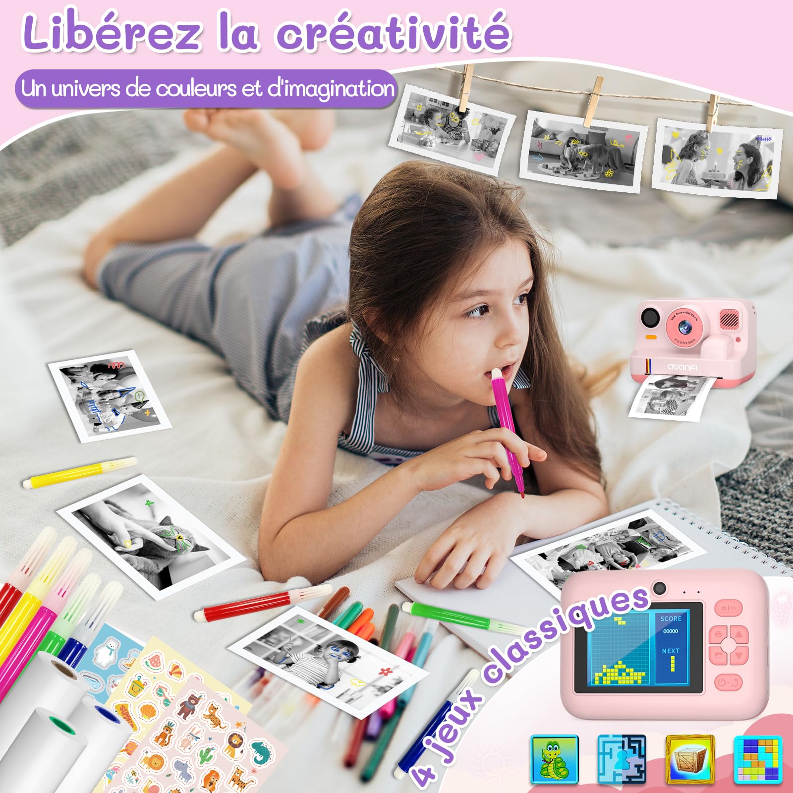 Appareil Photo Instantané Enfant Cadeau Jouet Fille Garçon 3-12 Ans, AWANFI Caméra Numérique Vidéo 1080P Carte 32GB avec 3 Rouleaux de Papier et Impression APP Bluetooth