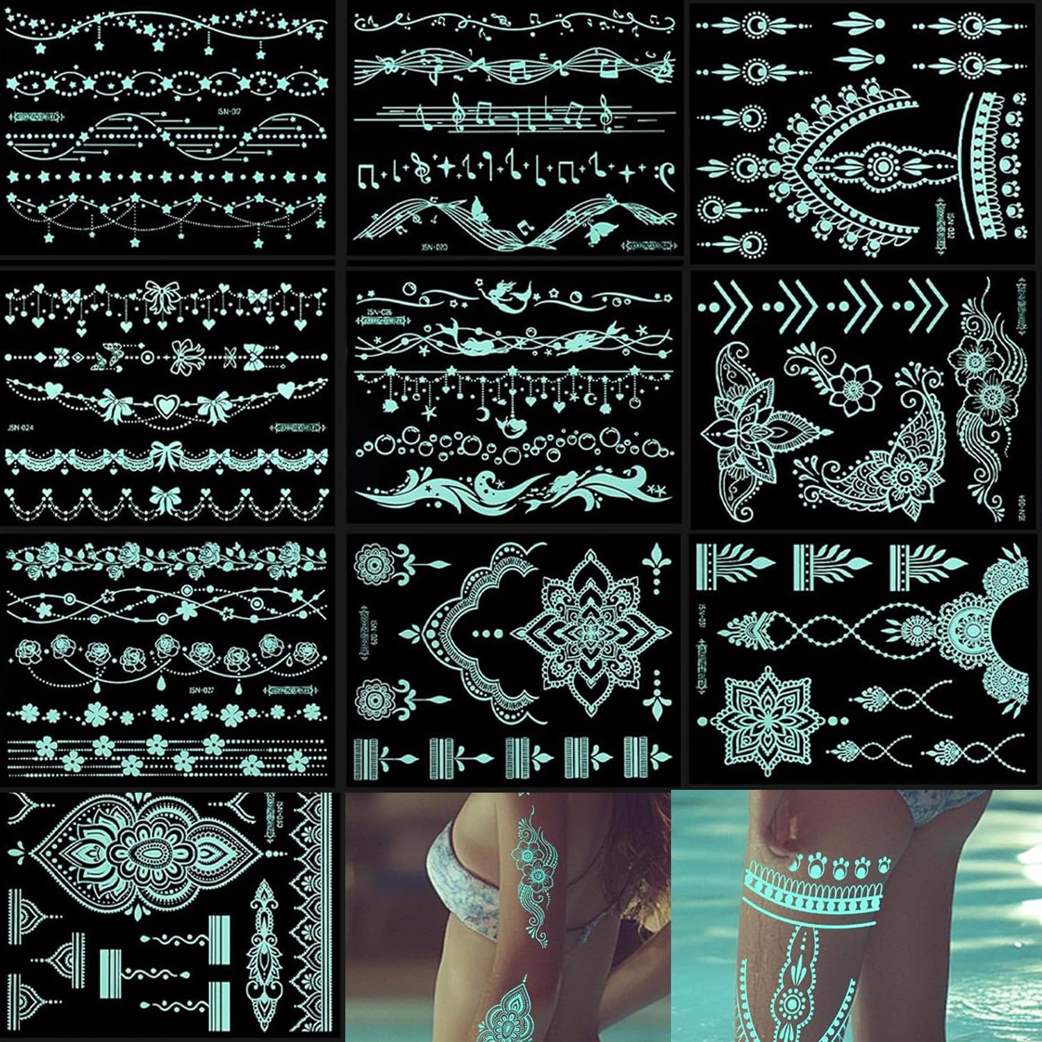 10 Sheets Glow in Dark Temporary Tattoos Sticker Set - Bright Glow Effect, 10 Trendy Designs | Easy Apply & Remove | Waterproof | Safe for Skin | Party Festival Fun-image-7