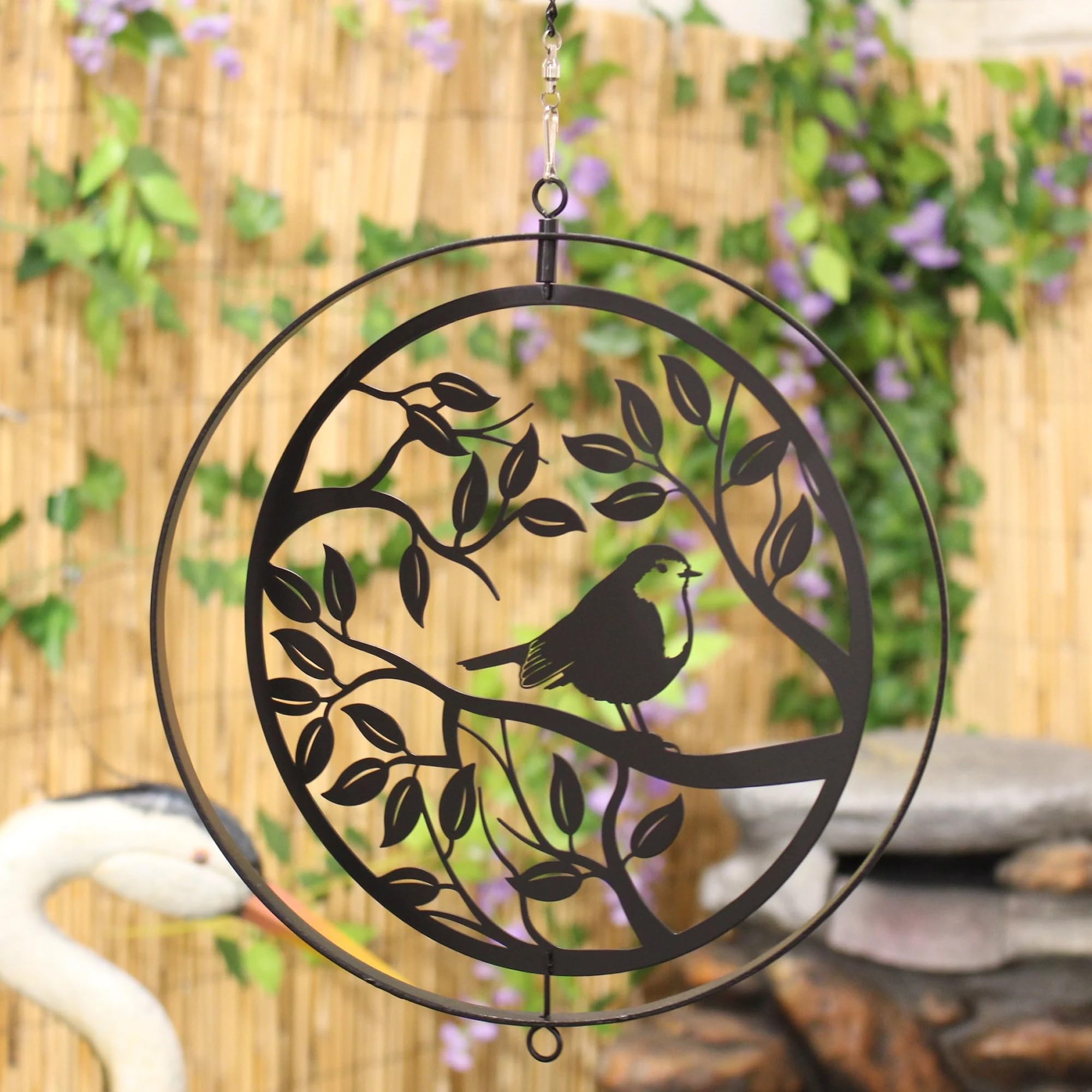 Robin Hanging Orbit Spinner - Metal Bird in Tree Silhouette Black Wind Spin Tree Hanging Garden Ornament