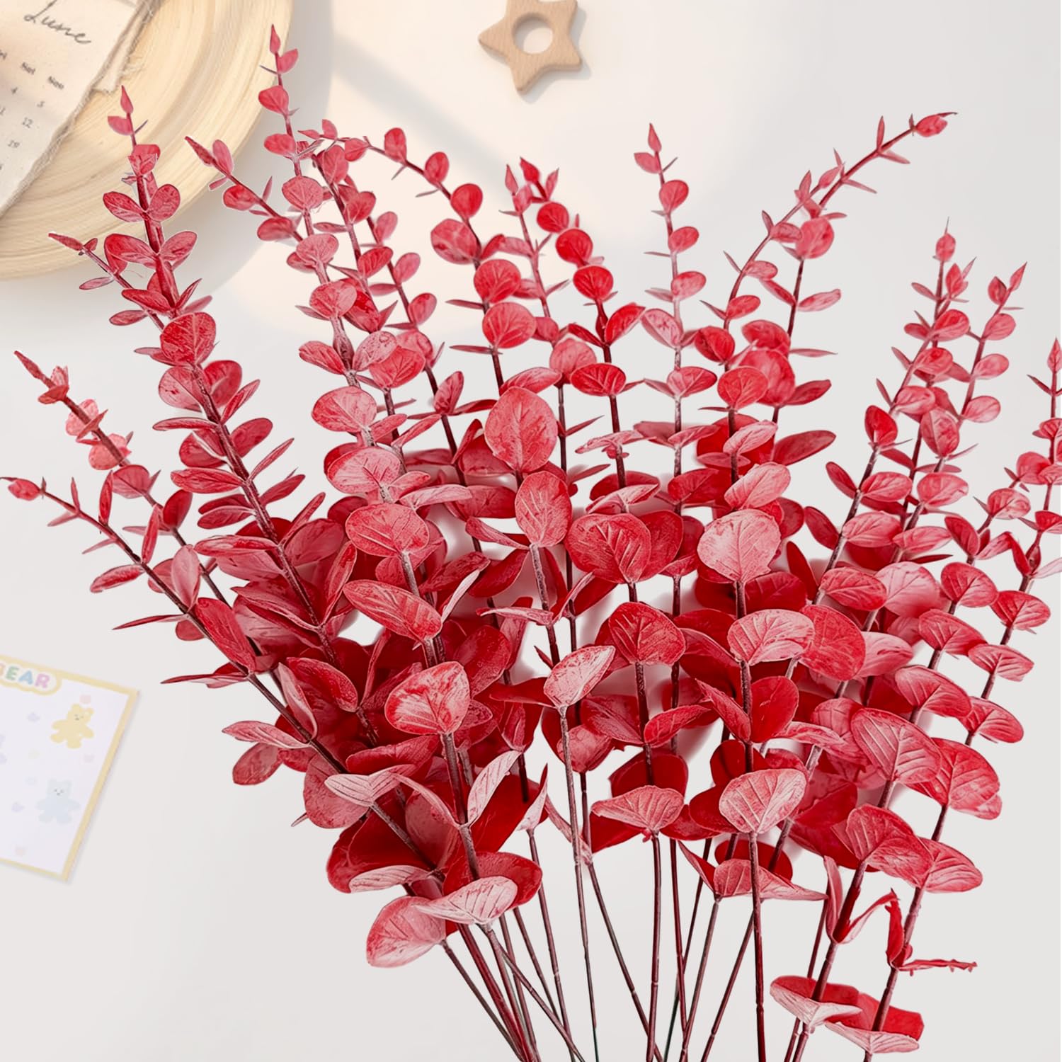 RXKFIGX 30PCS Red Eucalyptus Leaves Stems, 38cm Christmas Eucalyptus Branches Plants for Wedding Xmas Tree Holiday Winter Home Fireplace Decor Vase