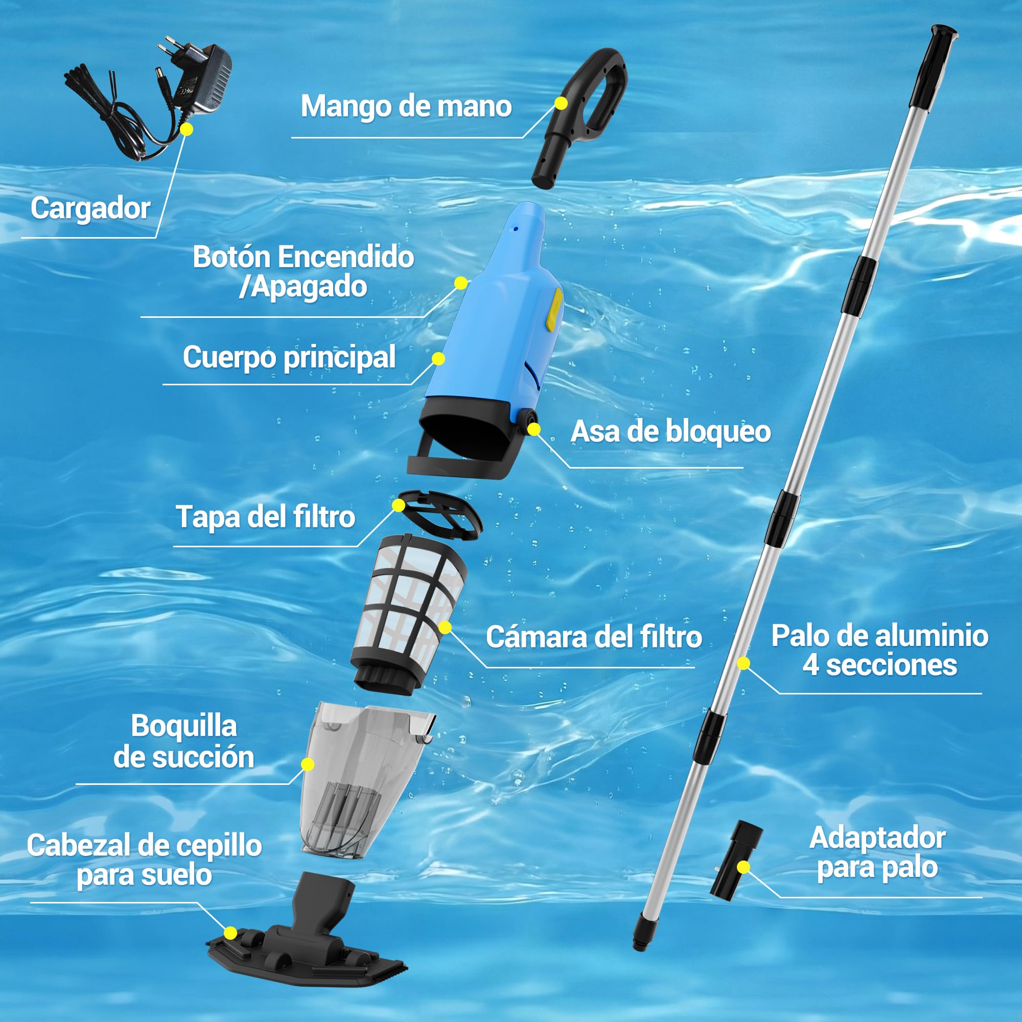 Aspiradora de Piscina Manual Inalámbrica para Piscinas Desmontables y Spas – Limpiador de Piscina Recargable con 60 Minutos de Autonomía, Barra Telescópica y Filtro Fino, Ideal para SPA e Hidromasaje