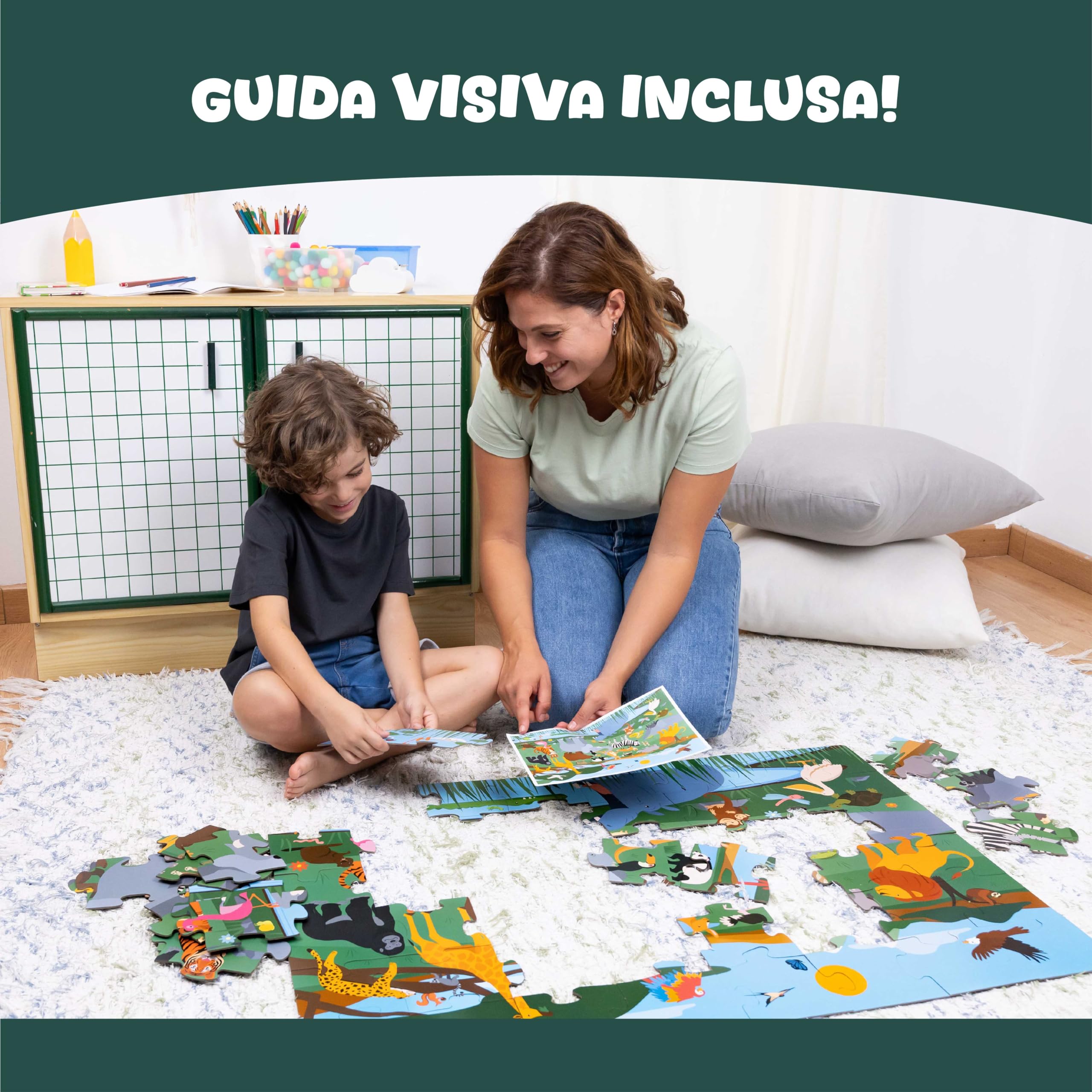 BONNYCO Puzzle Bambini XXL Animali Giungla 48 Pezzi Grandi 92x62 cm Giochi Educativi 2-8 Anni