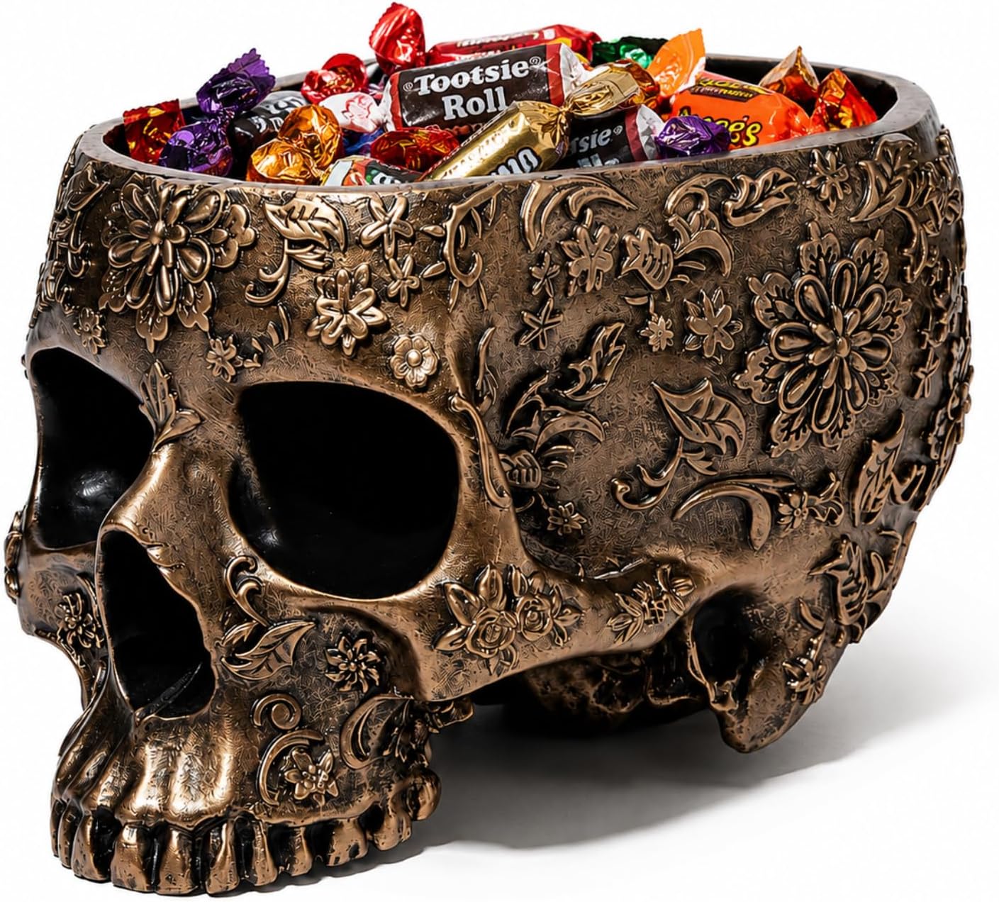 Halloween Skull Trick Or Treat Bowl Black Skeleton Planter Gothic Candy Pot