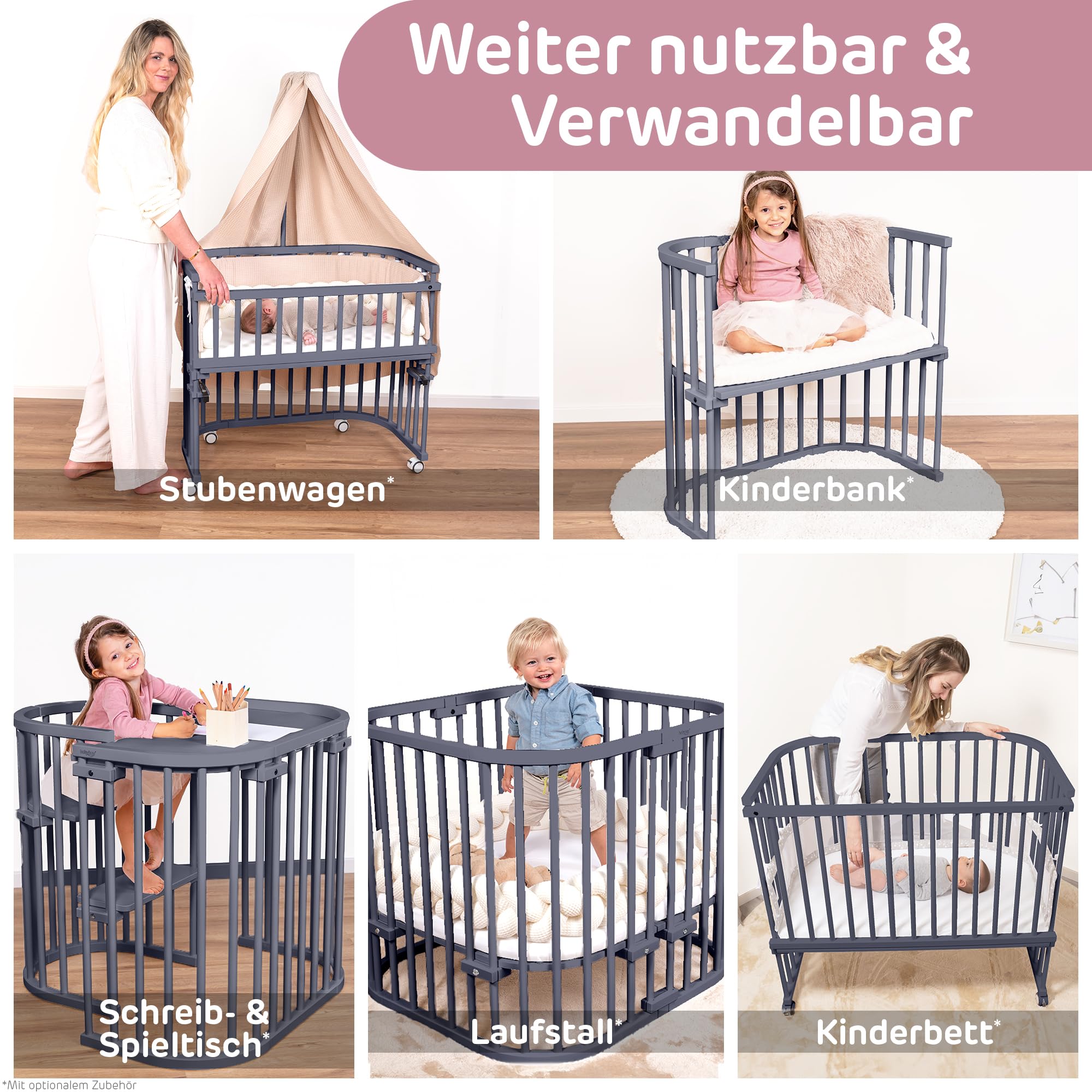babybay Boxspring XXL łóżeczko dostawne, lakierowane na kolor szary, komplet łóżeczka dziecięcego