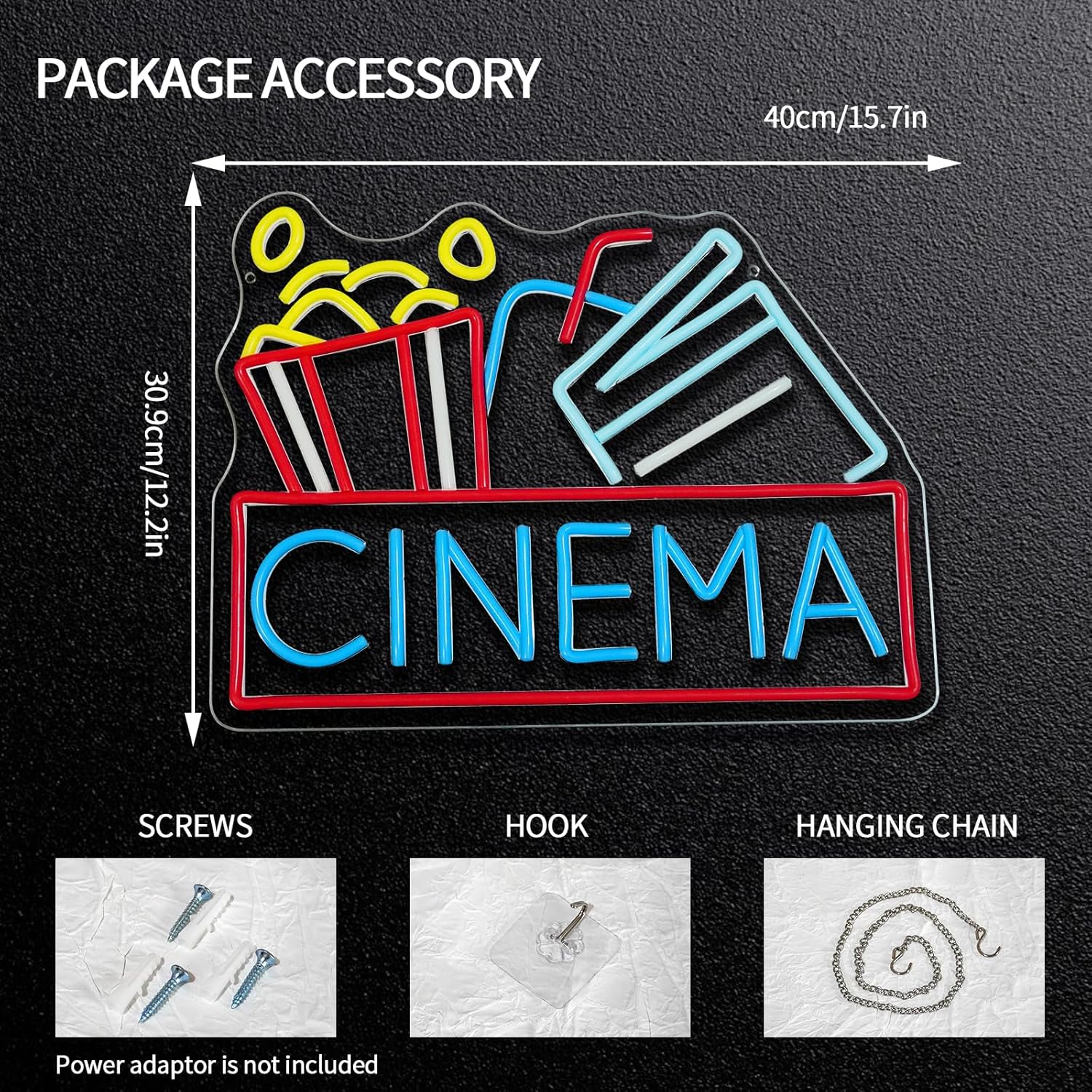 Cinema Neon Sign Dimmable Movie Neon Light Sign for Wall Decor Film Theater Led Signs for Home Bar Movie Night Party Man Cave Film Room Gift 15.7" x 12.2" - Image 2