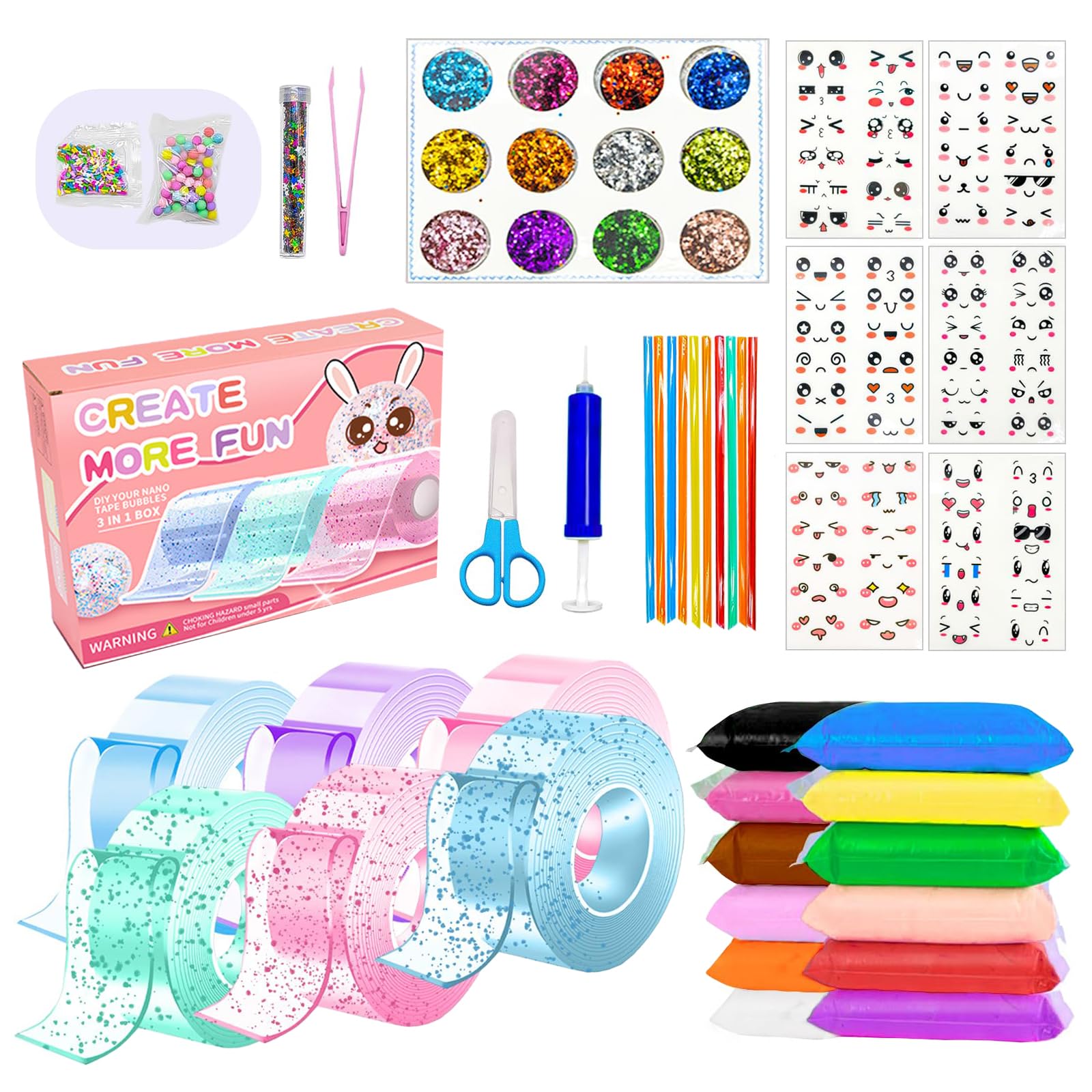 Heuiop Multicolored 53 Pcs Nano Tape Craft Kits, Nano Tape Bubbles Set With Sequin Glitter Powder Sticker Clay Scissors Tools For Making Bubbles Crafts