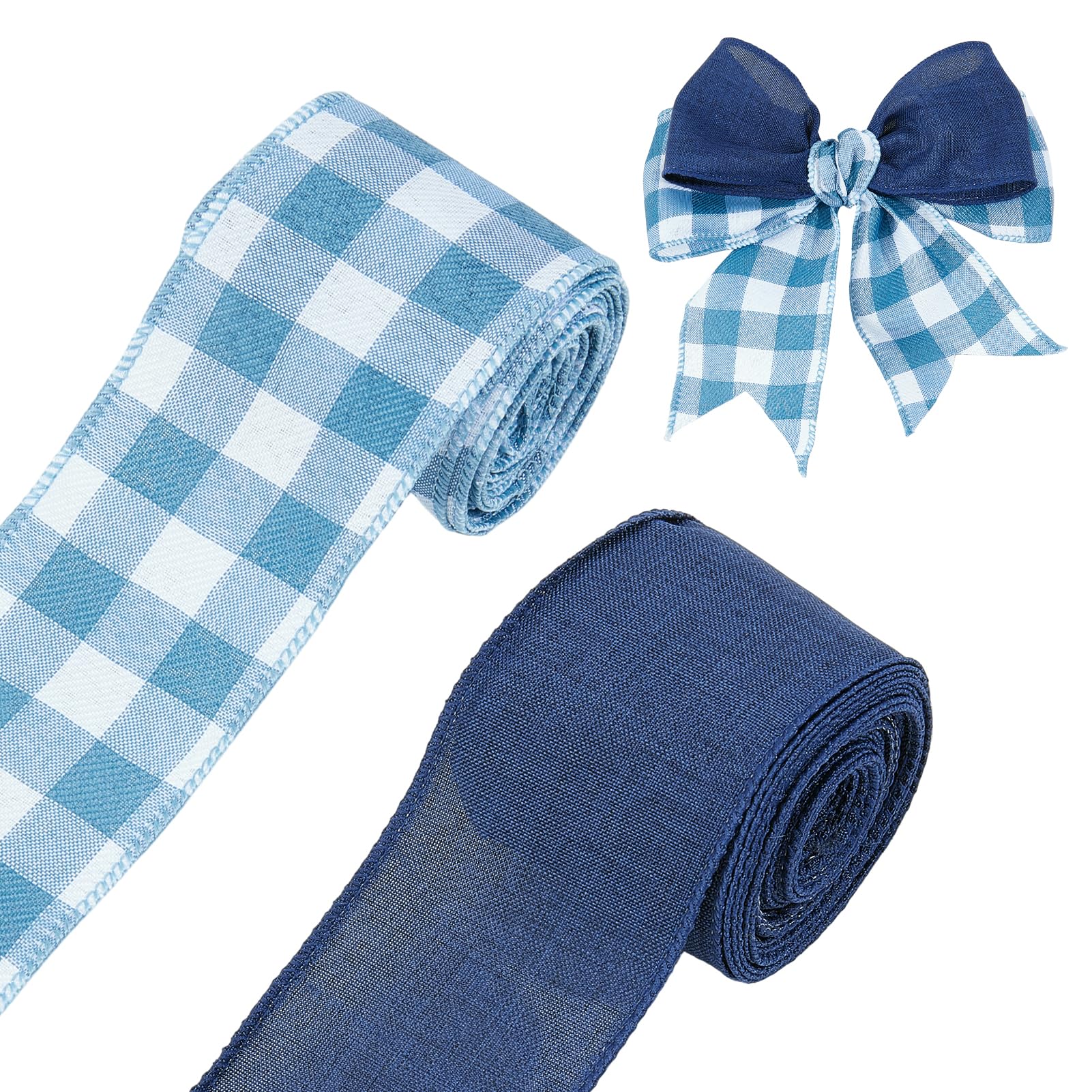 letsinstyle 2 Rolls Royal Blue Burlap Wired Ribbon, 10 Yards Buffalo Plaid Wired Edge Ribbons, 2.5 Inch Fabric Ribbons for Fall Wreath Wedding Christmas Wrapping and Home Decoration — image 1