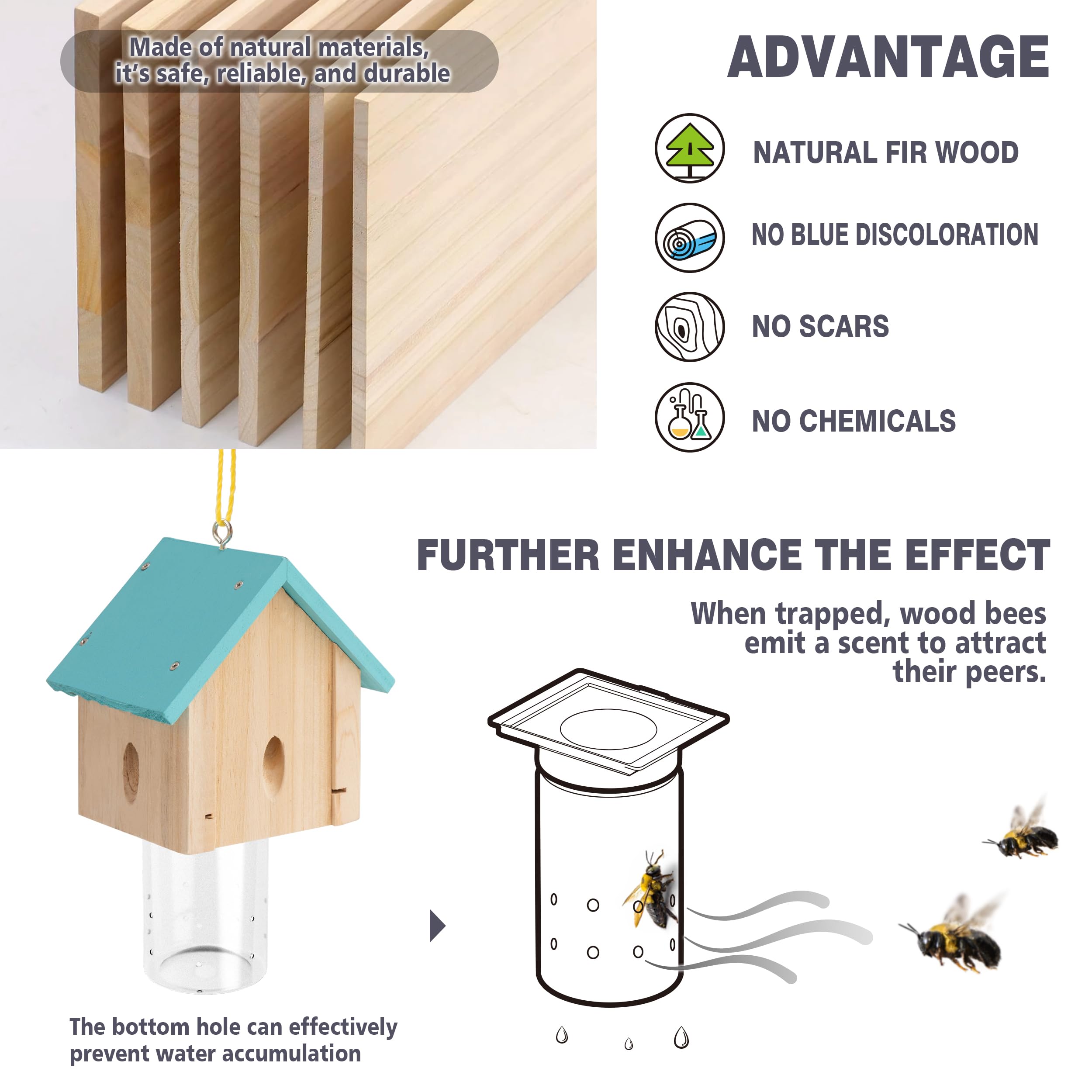 Pułapka na pszczoły stolarskie na zewnątrz - Best Bee Trap - niebieska kabina styl natura wiszące drewniane pułapki na pszczoły na zewnątrz - pułapki na owady ze zdejmowanym sklepieniem (4 sztuki)