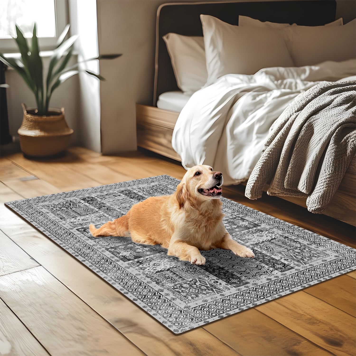 BSGIFT Alfombra vintage gris 60 x 110 cm, alfombra lavable antideslizante de pelo corto, alfombra oriental para salón, dormitorio, cocina, comedor al aire libre, alfombra muy suave