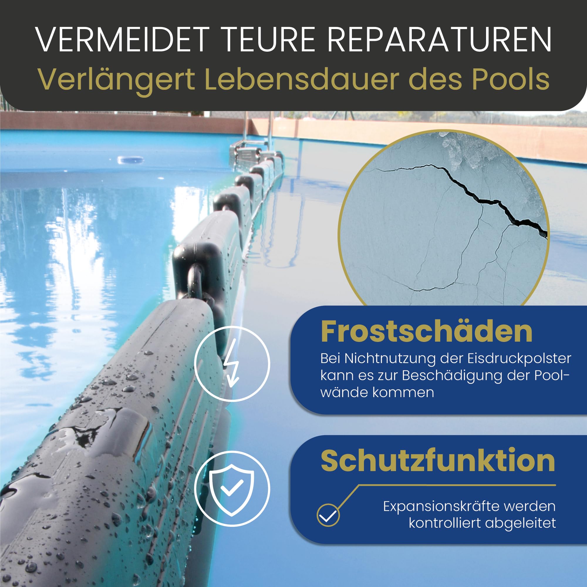 HAF Eisdruckpolster Pool 50 x 23 x 5 cm (16 Stück) – Gefüllt mit Sand und inkl. Verbindungshaken – Frostschutz in robuster Premiumqualität – Eisbrecher für winterfeste Pools und Schwimmbecken