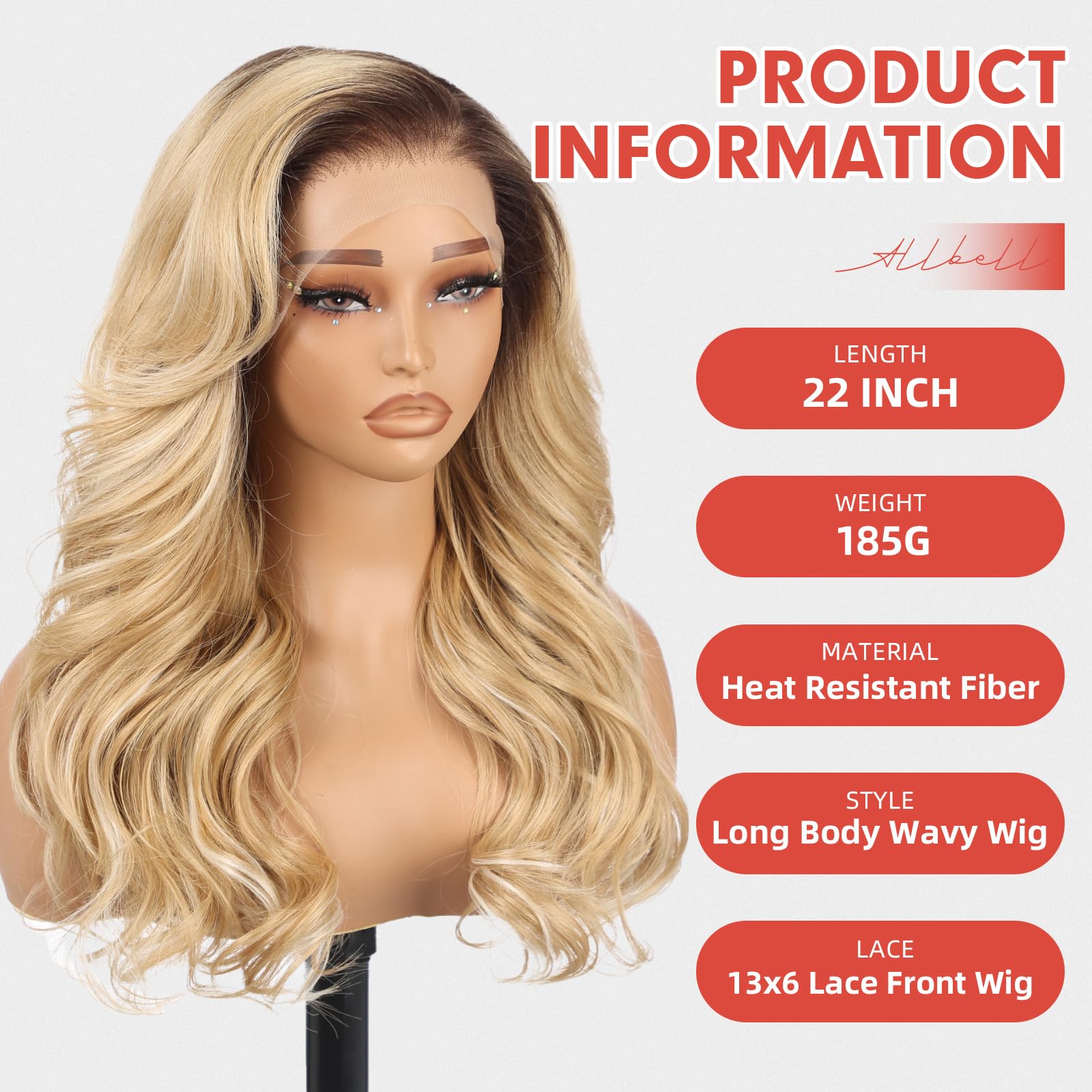 Allbell Peluca Frontal de Encaje Ombre Rubio 13x6 para Mujeres Negras, Peluca Sintética HD Sin Pegamento, Reemplazo de Cabello Ondulado de 22 Pulgadas