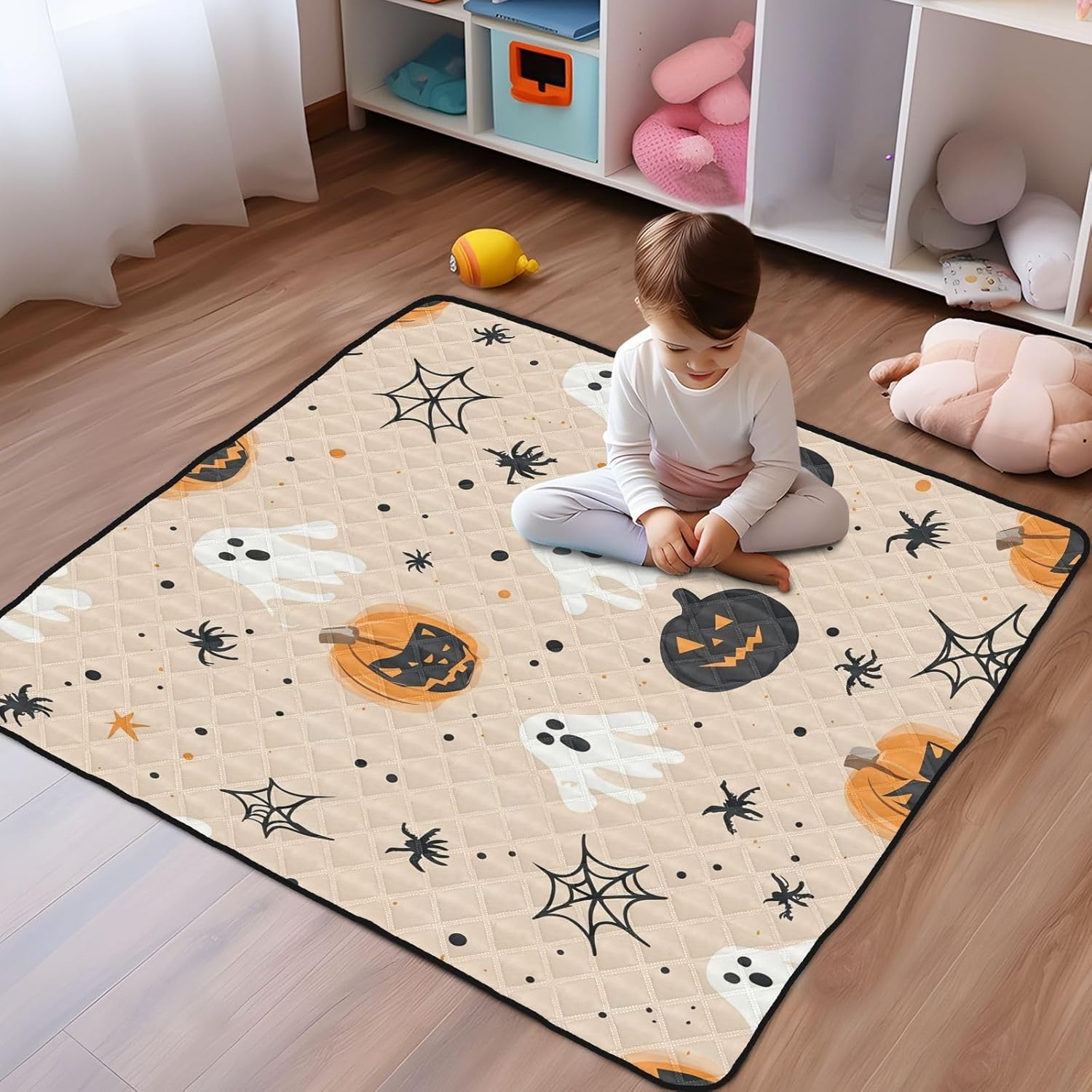Halloween Pumpkins and Ghosts Baby Play Mat, 50“ X 50” Washable Folding Crawling Mat, Baby Floor Mat, Soft, Non-Slip