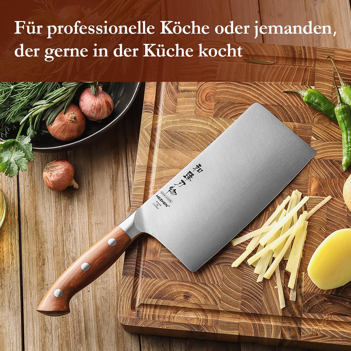 HEZHEN 18cm Hackmesser, Profi Chinesisches Kochmesser, German Stahl Scharf Küchenmesser, Gemüse Fleischbeil Schneidemesser, Ergonomischer Griff aus Redwood