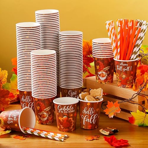Miniatura 4 de Sliner 150 vasos de papel de Acción de Gracias de 9 onzas, desechables, taza de café de Hello Fall con pajita, pavo y hojas de arce, taza para beber