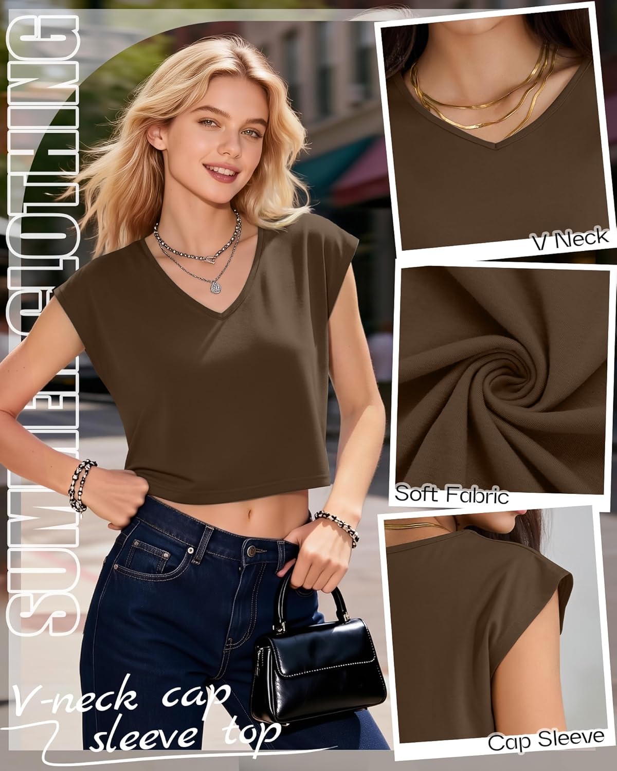 4 Pack Women's V Neck Cropped Tops Cap Sleeves Short T Shirts Loose Fit Casual Summer Crop Basic Solid Tees - Image 4