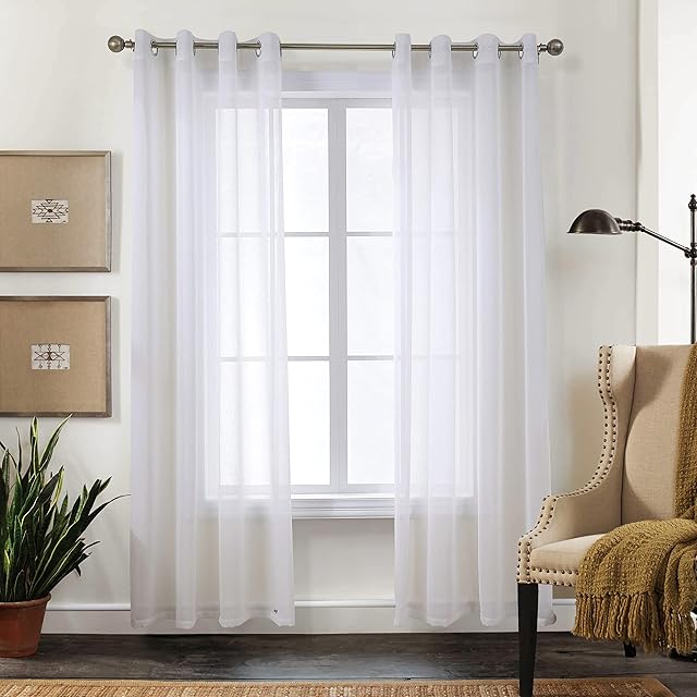 CUCRAF Voile Transparent Linen Look Sheer Curtains with Eyelets for Living Room, Bedroom, Room Decoration 55Wx90L Off White,Set of 2