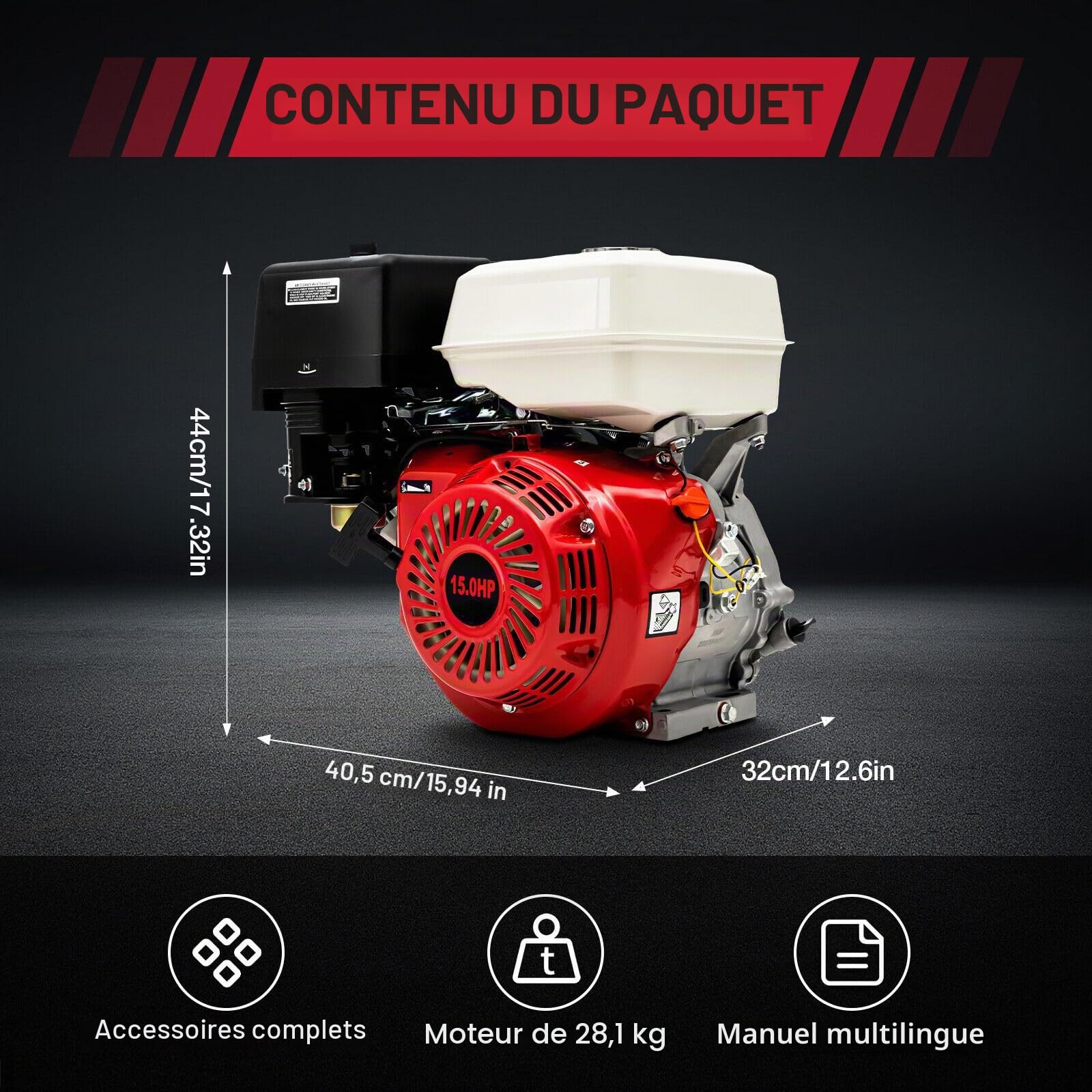 Moteur à essence 420 CC - 15 CV - 9 kW - 4 temps - Moteur industriel 1 cylindre - Refroidi par air - De qualité supérieure - Avec alarme d'huile (3600 tr/min, diamètre de l'arbre 25 mm) - Silencieux