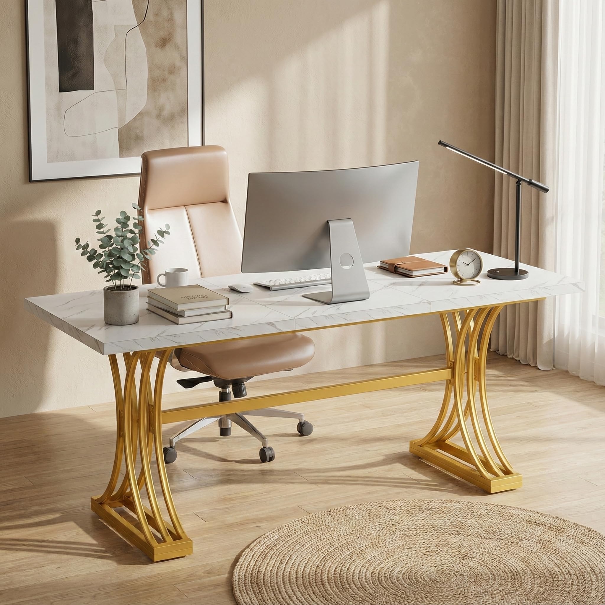 Lailang 160cm Escritorio, Mesa Escritorio Industrial, Mesa Ordenador E Impresora, Escritorio Roble, Mesa Comedor de 160 x 80 x 80 Cm, Mesa Oficina Grande, 160 x 80 x 75 cm, Blanco Y Oro