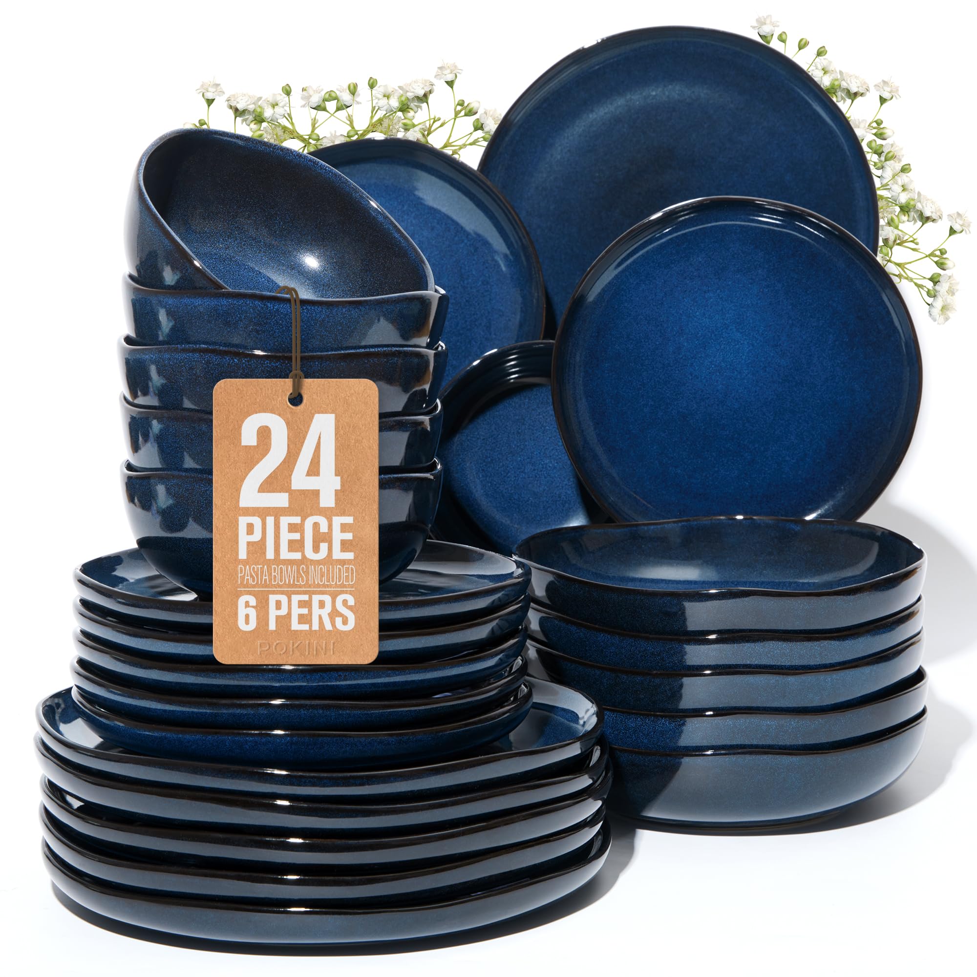 Pokini 24 Pieces Dinnerware Set for 6 with Pasta Bowls, Complete Ceramic Dish Set, Stackable &amp; Glossy Stoneware Plate and Bowl Set for Effortless Everyday Hosting, Starry Blue