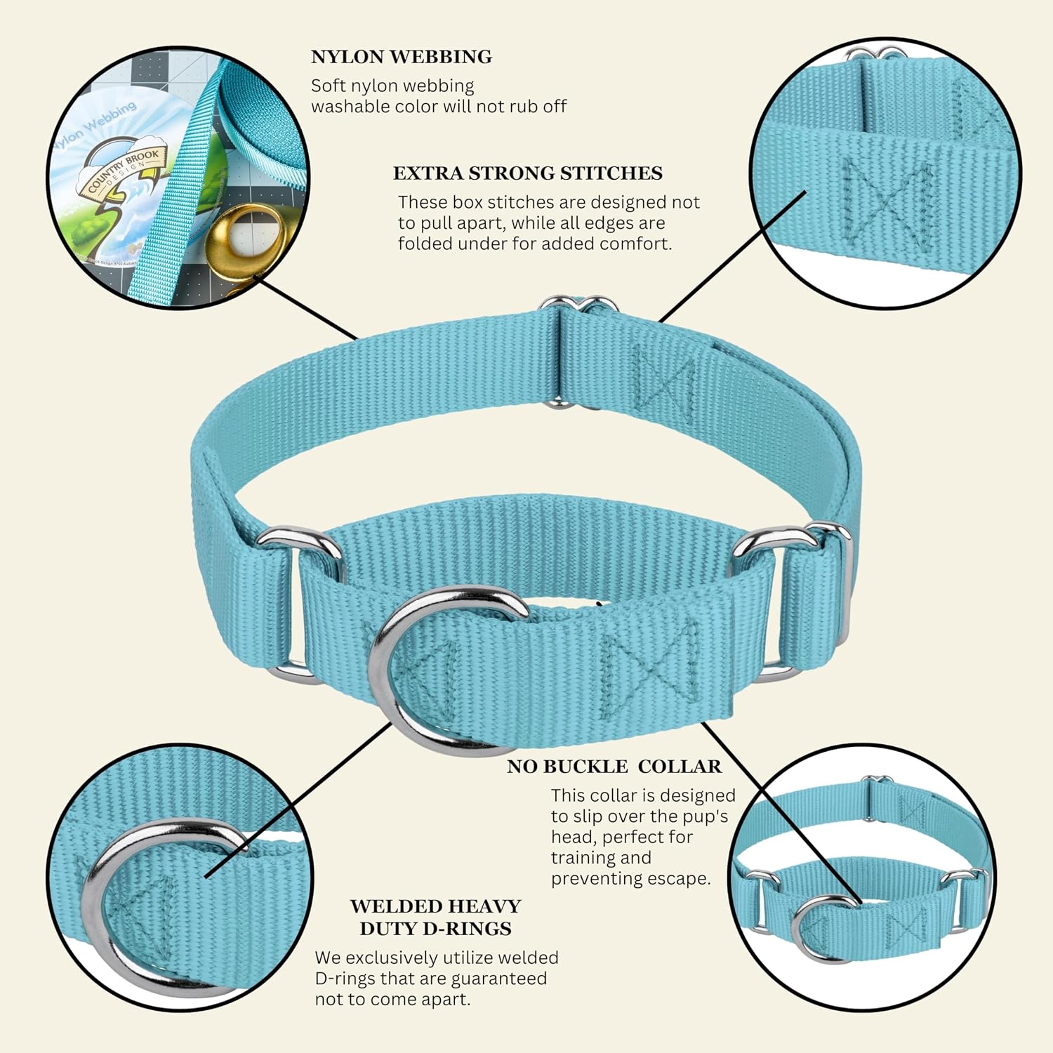Country Brook Petz - Martingale Dog Collar - Heavy-Duty Training Collar with No Buckle - Service Dog Collar for All Pups - 20 Vibrant Colors (Ocean Blue, 1 Inch, Medium)