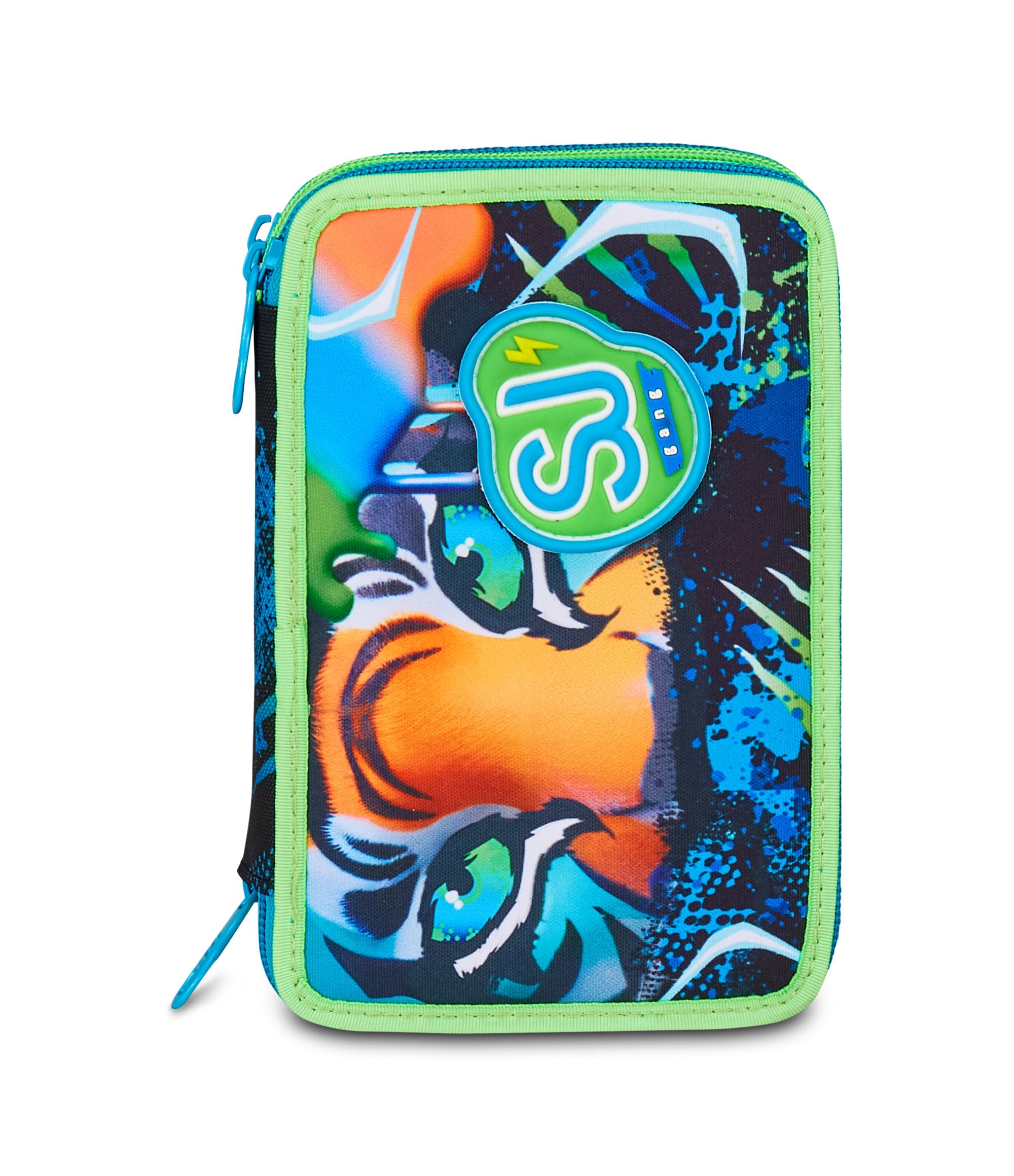 SJ GANG STYLE JAM GANG Astuccio Scuola 3 Zip Air Tiger, Blu, Portapenne Triplo Scomparto Completo Di Penne, Matite, Colori, Accessori Zaino, Scuola Elementare, Bambino