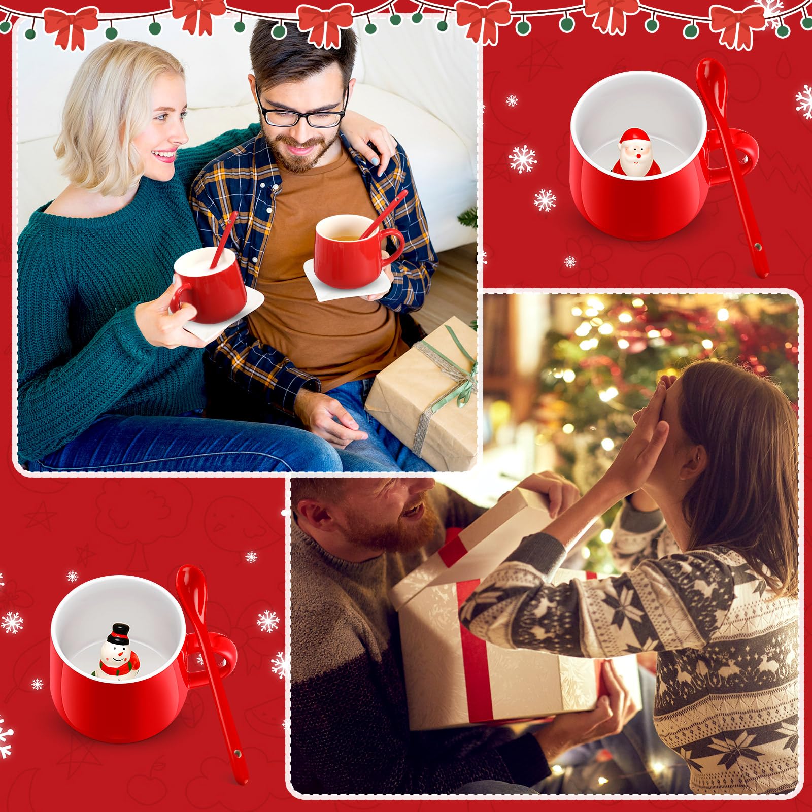 Uiifan 2 juegos de tazas de café de Navidad 3D con cuchara de cerámica, 13.5 onzas en el interior, taza de cerámica de dibujos animados para mujeres y hombres, regalos de Navidad, suministros de