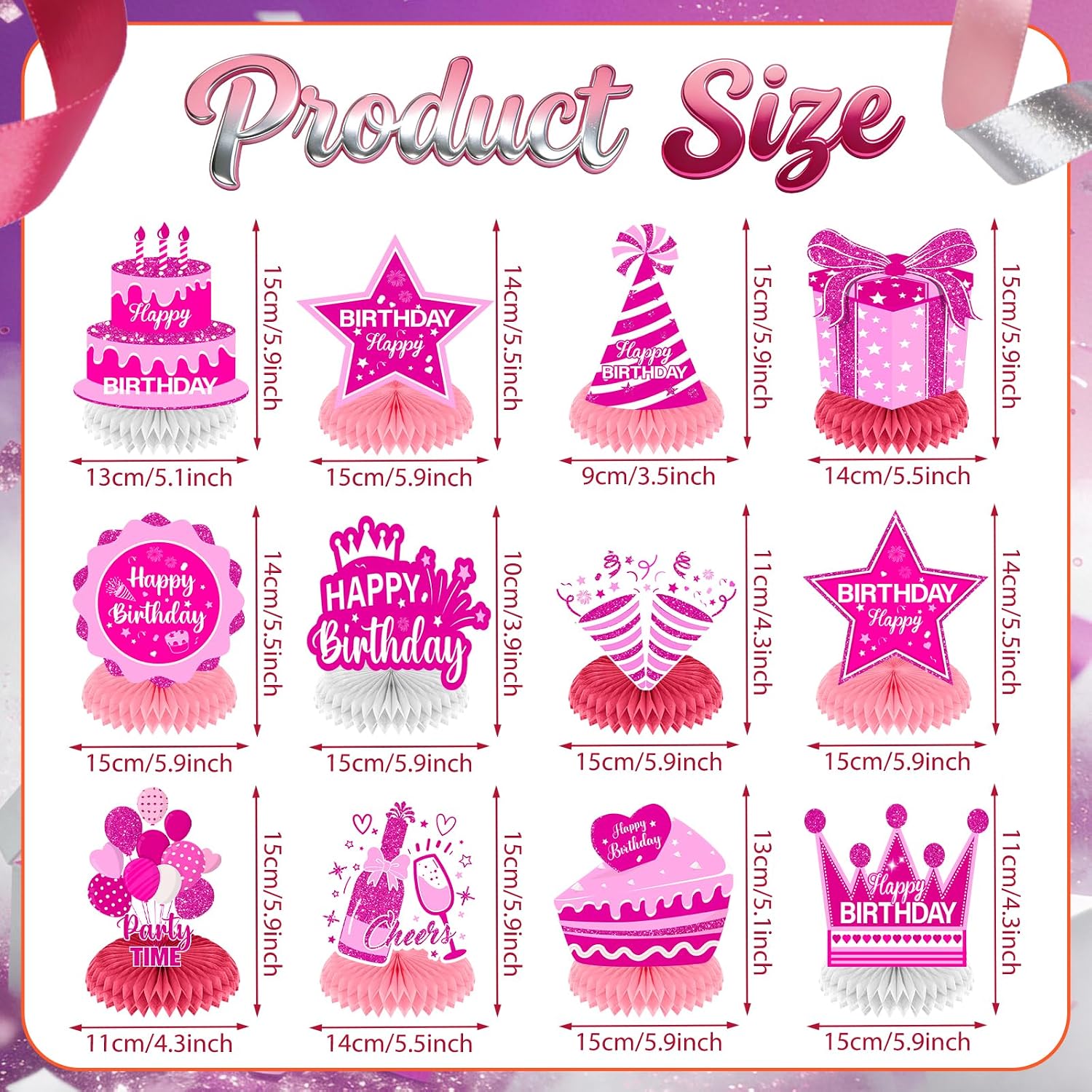 12Pcs Hot Pink Birthday Decorations Honeycomb Centerpieces for Women Girls, Hot Pink Happy Birthday Table Centerpieces for Kids Teens Adults Birthday Party Table Topper Sign Decor Supplies image 3