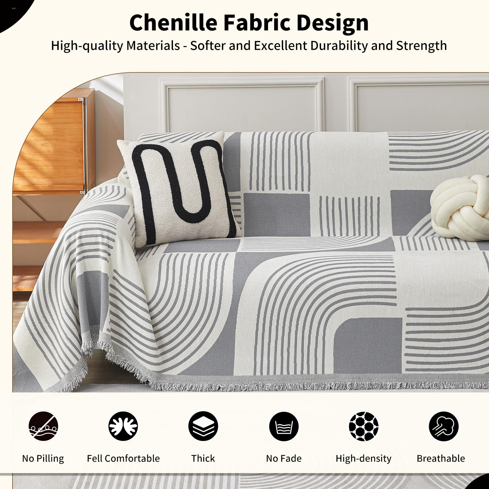 WEYOND Boho Chenille Couch Cover with Tassels, Bohemian Sofa Cover for 1 Cushion Couch, Armchair, Chair, 1 Seater (180 x 230 cm, Grey) - Image 4