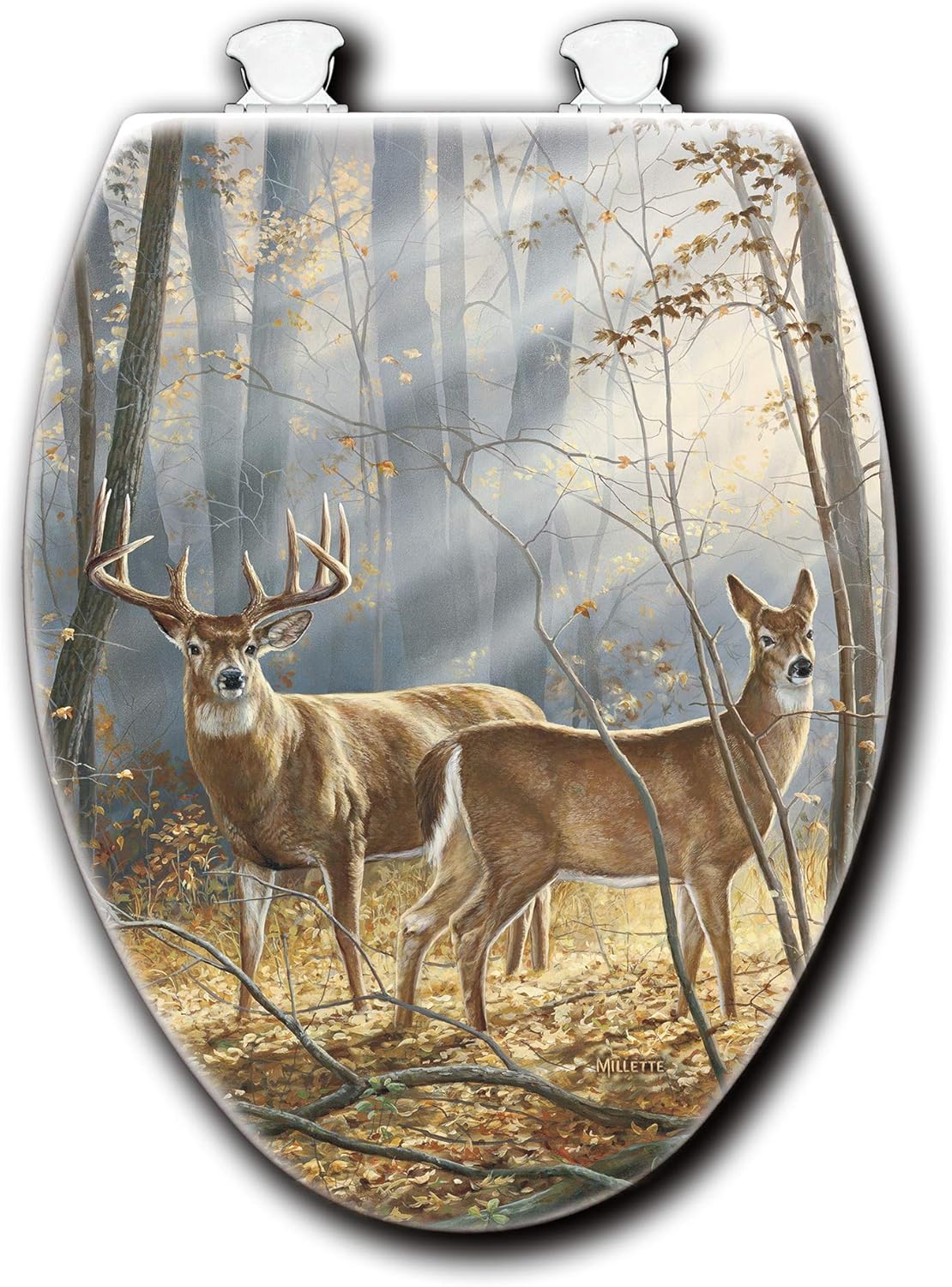 House & Homebody Co. Elongated Toilet Seat, White with Outdoor Image (Woodland Splendor)