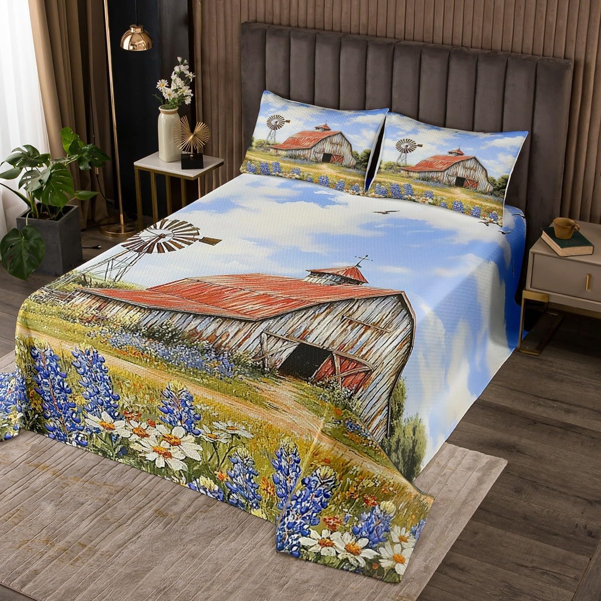 Erosebridal Rustic Farmhouse Coverlet Set Twin Size Red Barn Surrounded by Bluebonnets & Windmill Bedspread Sets,Farmhouse House Decor with 1 Pillow Case Bedroom Decor
