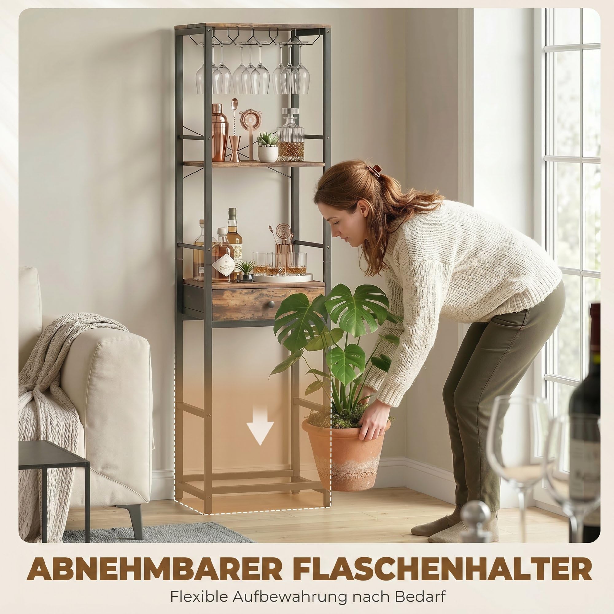 HOMCOM Weinregal Glashalter Schublade Rustikal Braun 40 x 30 x 148 cm | Flaschenregal für 12 Weinflaschen, Standregal, Weinhalter für Küche
