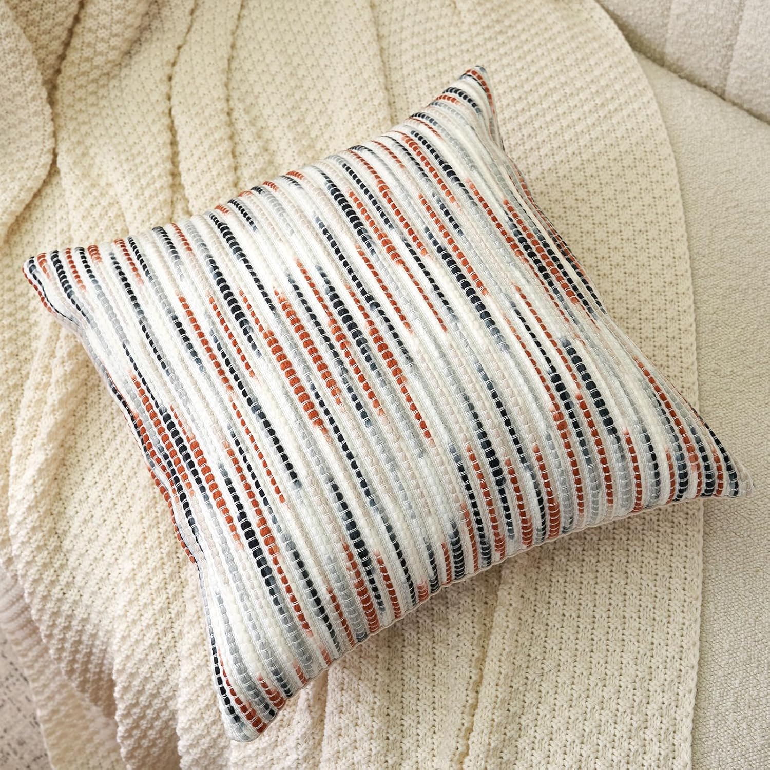 Aeckself Boho Striped Pillow Cover 20x20, Decorative Square Throw Pillow Cover Chenille Neutral Pillowcase for Couch Bedroom Living Room, Orange Gray - Image 3