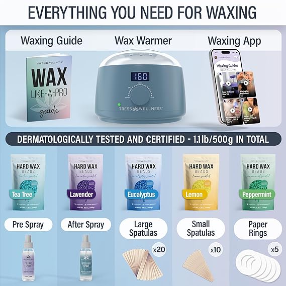 Tress Wellness Award Winning Waxing Kit for Sensitive Skin Safe for Face & Skin, Easy to Use At-Home Kit for Face, Bikini, Brazilian & Full Body - Digital Display, Blue