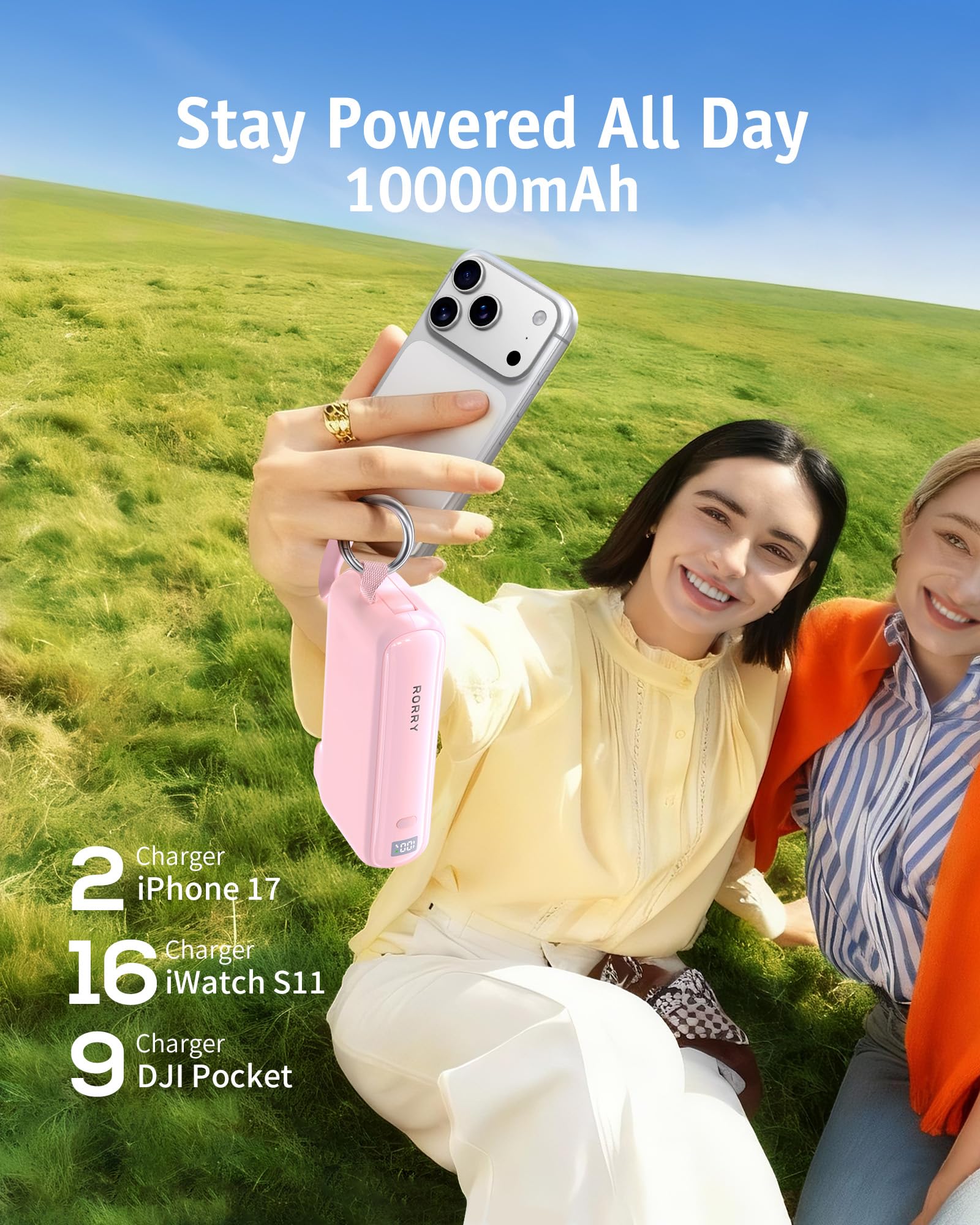 RORRY Flow Portable Charger, 10000mAh 40W Fast Charging Power Bank with Built-in USB C Cable and Foldable Wall Plug, Battery Pack Travel Essentials for iPhone 17/16/15, Apple Watch, iPad, MacBook — view 7