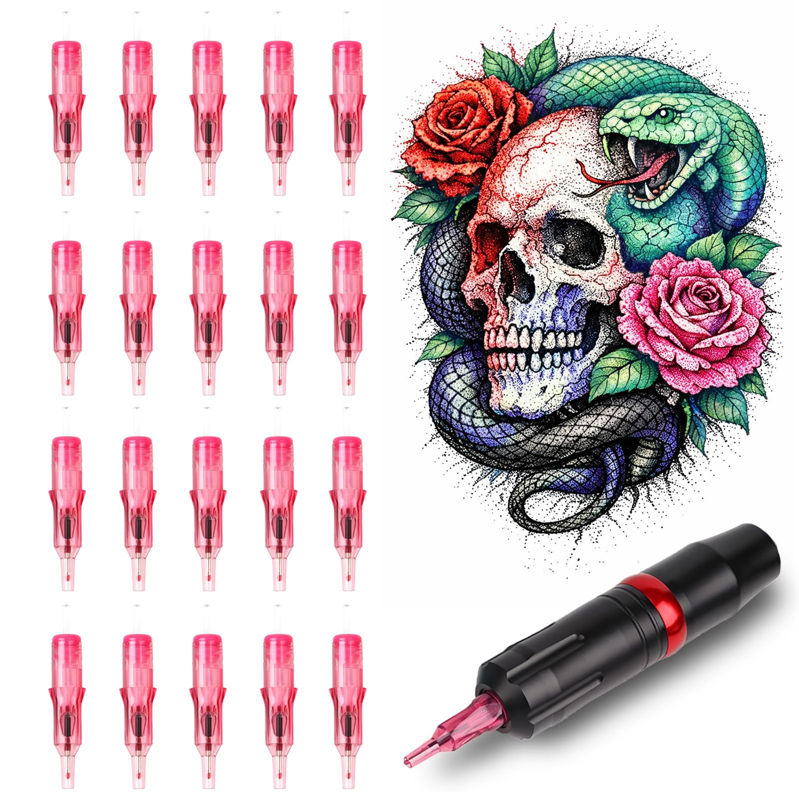 GBK 20pcs Tattoo Ball Point Pen Cartridges, Ballpoint Pen Tattoo Cartridge with Strong Spring & Wax Seal, Tattoo Practice Pen for Paper Drawing, Dot Work, Beginners & Artists (Pink)