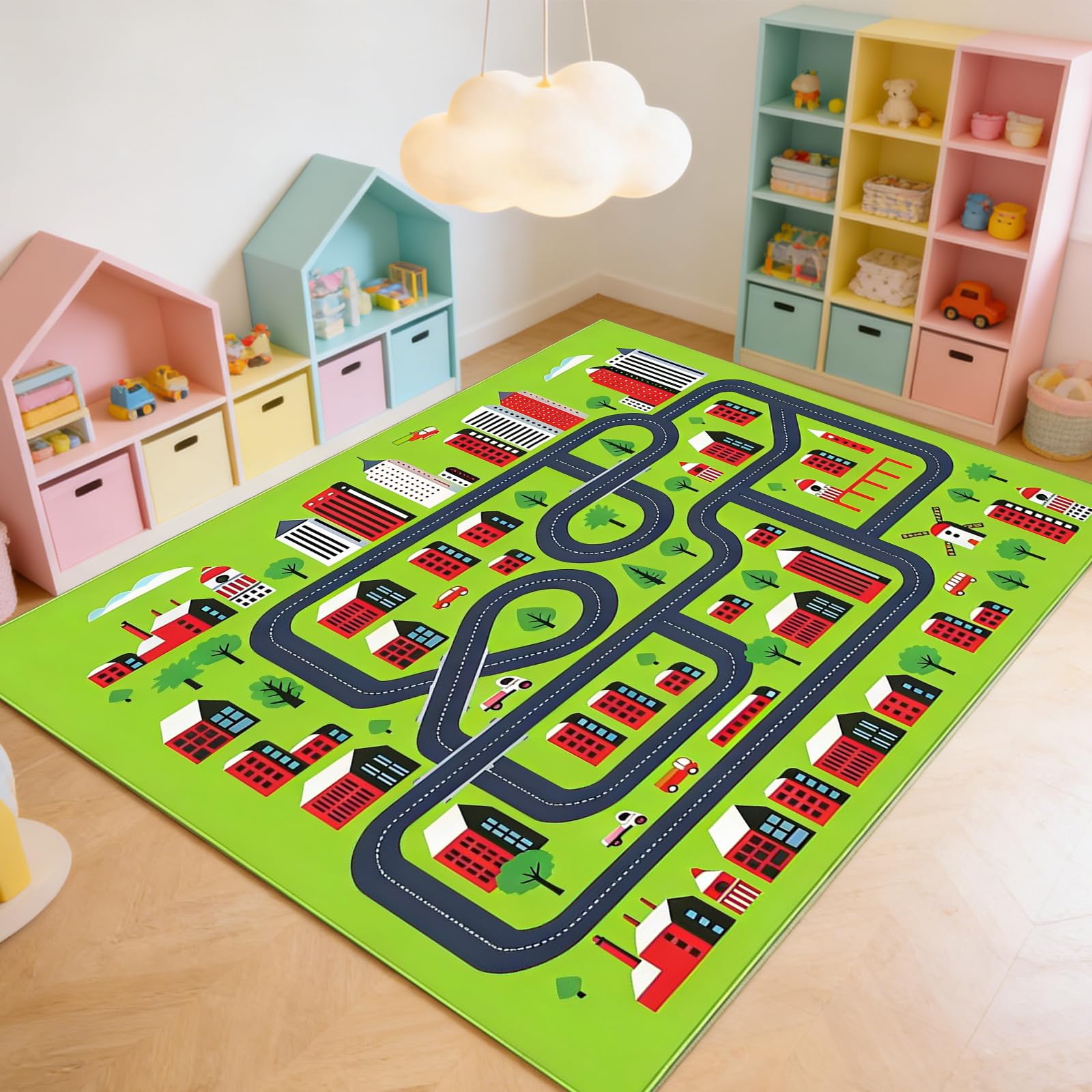 PORFOYO Tappeto Gioco,80 * 120 CM Tappetino Da Gioco,Tappeto Macchinine,Tappeto Stradale,Tappeto Da Gioco Pieghevole Per Decorare Una Sala Giochi O Una Camera Da Letto,Antiscivolo, Resistente,Verde