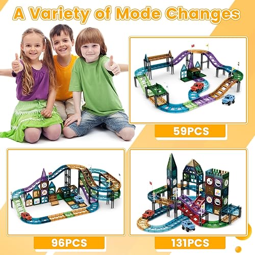 Miniatura 6 de JONRRYIN Bloques de construcción magnéticos de 59 piezas, pista de autos de carreras, azulejos magnéticos, juego de pista de construcción magnética