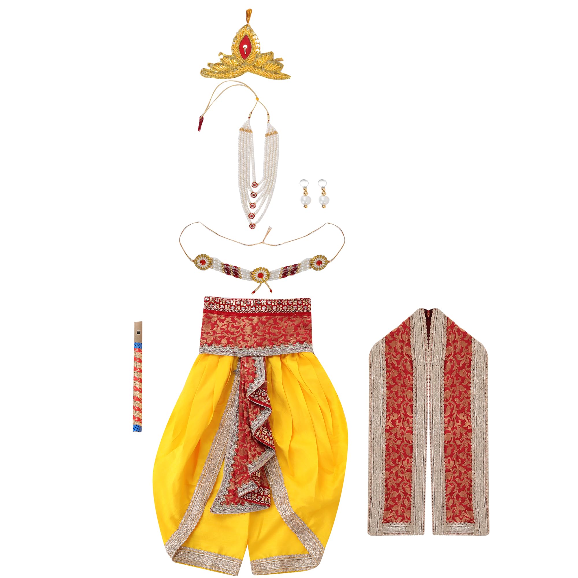 Krishna Costume for Baby Boys, Bal Gopal Kanha Ji Janmashtami Dress with Dhoti, Crown, Flute & Accessories, Traditional Fancy Dress Outfit