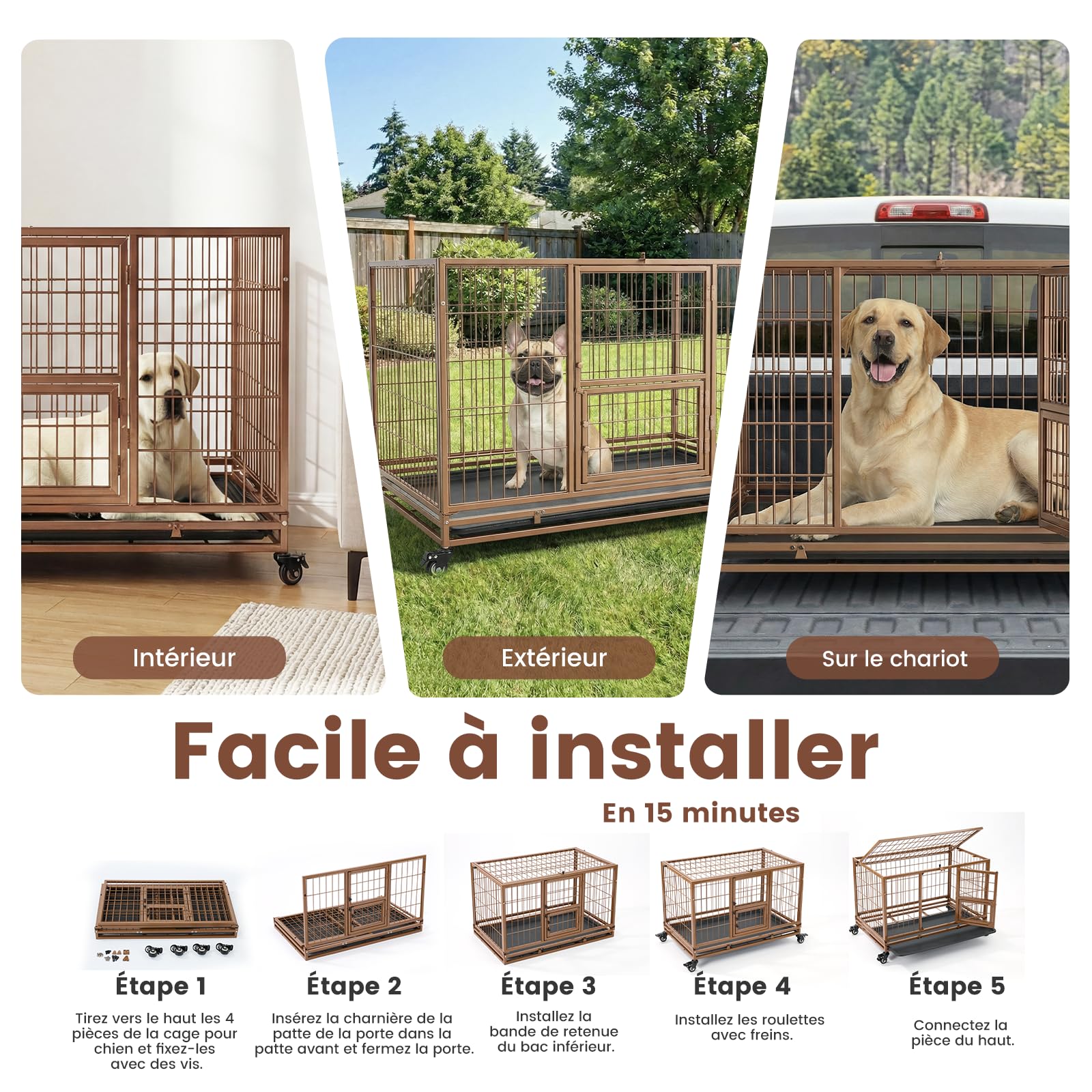 Gardner Pet Cage pour Chien Moyens Lourd Taille L 82.3x51.5x56cm Brun | Structure Renforcée Anti-Évasion avec Plateau, 3 Portes Amovibles, Roulettes Verrouillables, Niche Extensible Modulable