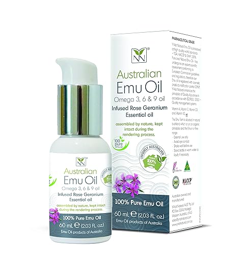 Y-Not Natural - Aceite de emú orgánico farmacéutico 100% puro, 2.0 fl oz, aceite aborigen Omega 3, 6 y 9 de corral libre infundido con geranio rosa