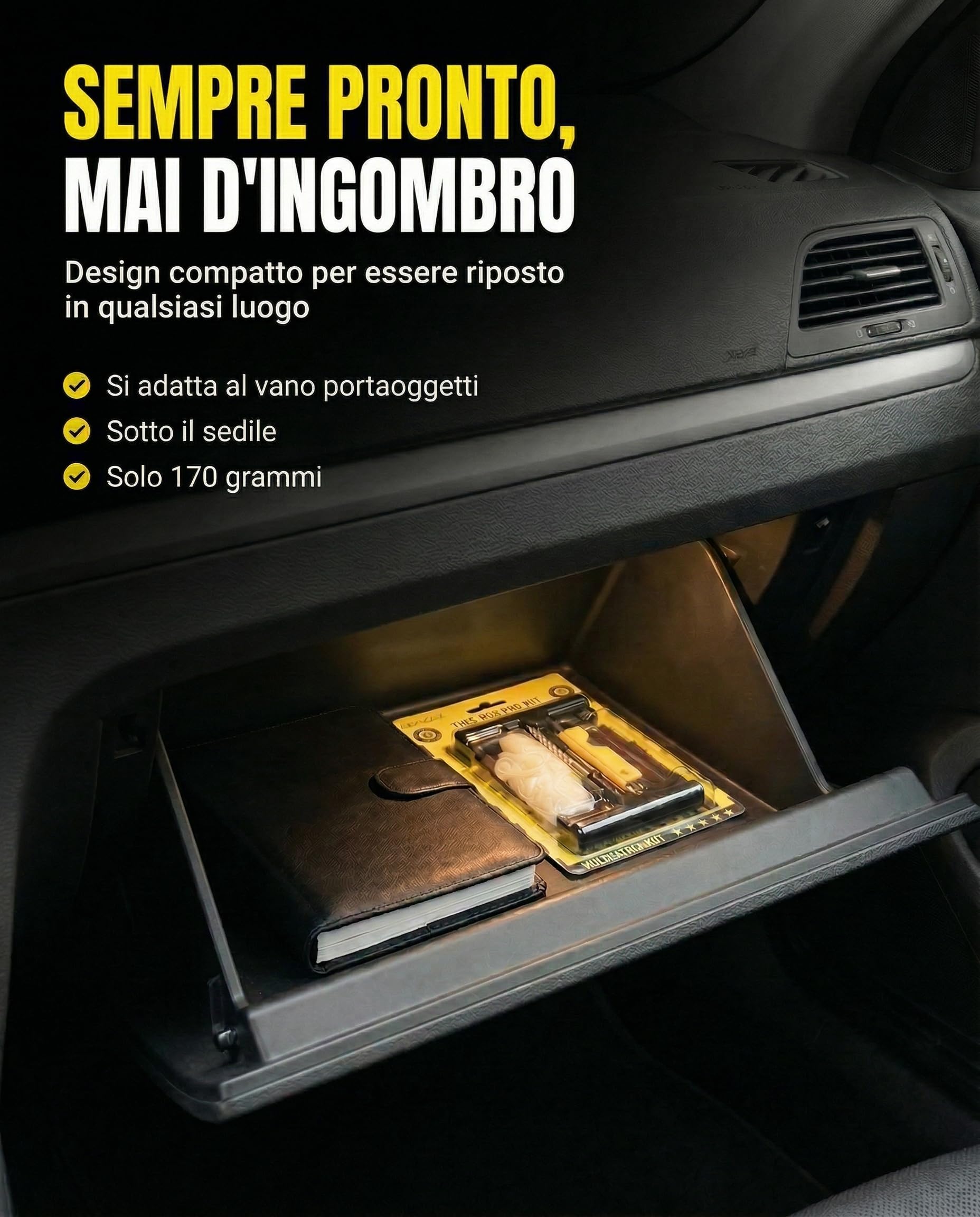 Kit Riparazione Pneumatici Auto - Kit Foratura Moto - Pronto in 15 Minuti - Include 10 Tasselli, 2 Attrezzi a T, Guanti e Taglierino - Kit Rparazione Gomme - 1 unità