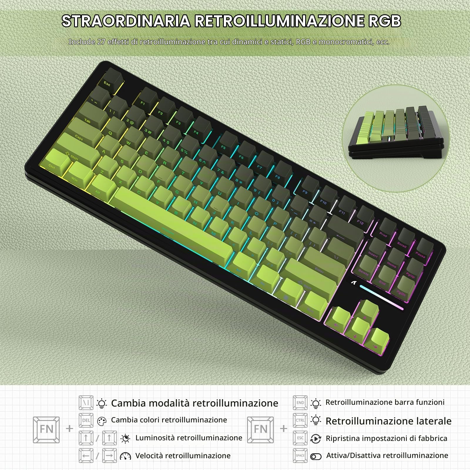 LexonElec x ATTACK SHARK M87 Tastiera da Gioco Wireless 75%, BT5.0/2,4GHz/Cablata, 27 RGB Backlit, Tastiera Meccanica TKL, Hot-swap Linear Switch, QWERTY Copritasti PBT con Stampa Sfumato-Nero/Verde