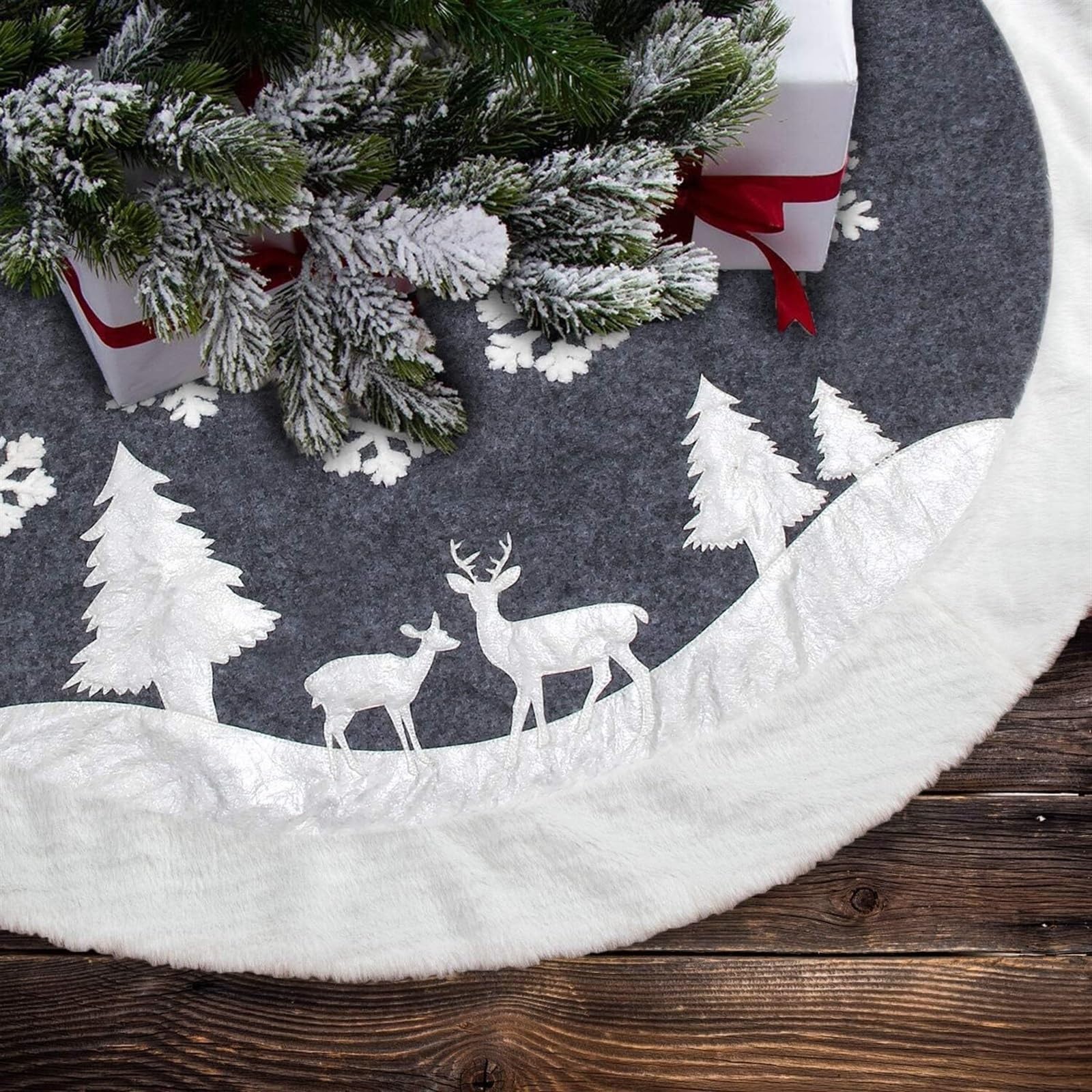Tappeto Per Albero Di Natale Gonna Per Albero Di Natale Pelliccia Decorazioni Rustiche Per Tappetino Per Alberi Di Natale Motivo Con Cervi E Fiocchi Di Neve Gonna Per Albero Di Natale(59 inches(150cm)