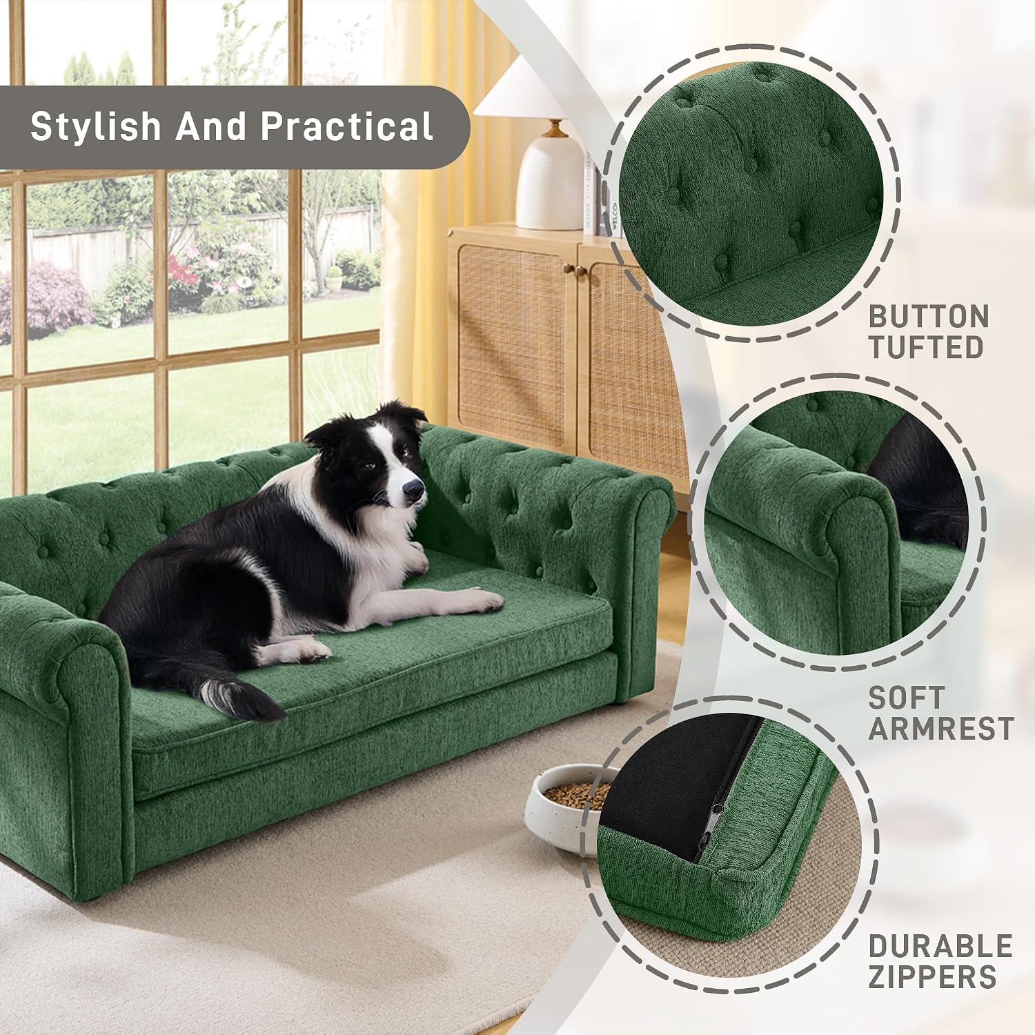 Dog Sofa Couch for Medium to Large Dogs, 55" Memory Foam Pet Sofa Couch with Washable Fabric, Durable Elevated Dog Bed with Legs, Removable Cushion for Medium and Large Dogs, Green