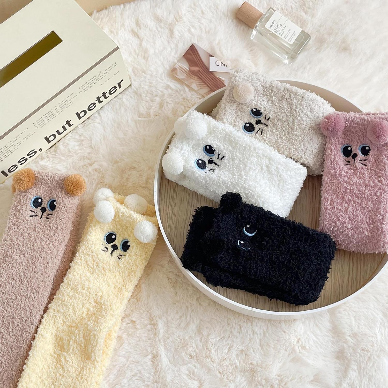 Womens Cute Animal Fuzzy Cozy Socks Girls Winter Fluffy Warm Slipper Socks Unisex Soft Home Sleeping Socks Kitten 6 Pairs One Size