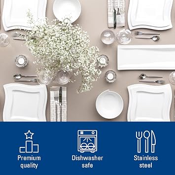 Villeroy & Boch NewWave Collection 64 Piece Flatware Set, Sleek, Tapered, Modern Design, 18/10 Stainless Steel, Service for 12, 4 Piece Serveware Set Included